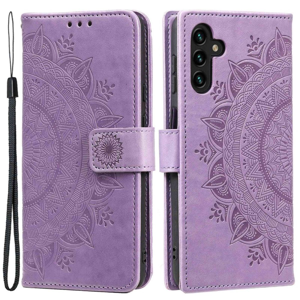 Lila Handyhülle mit Mandala-Muster, offen und geschlossen. Schwarzer Riemen befestigt.