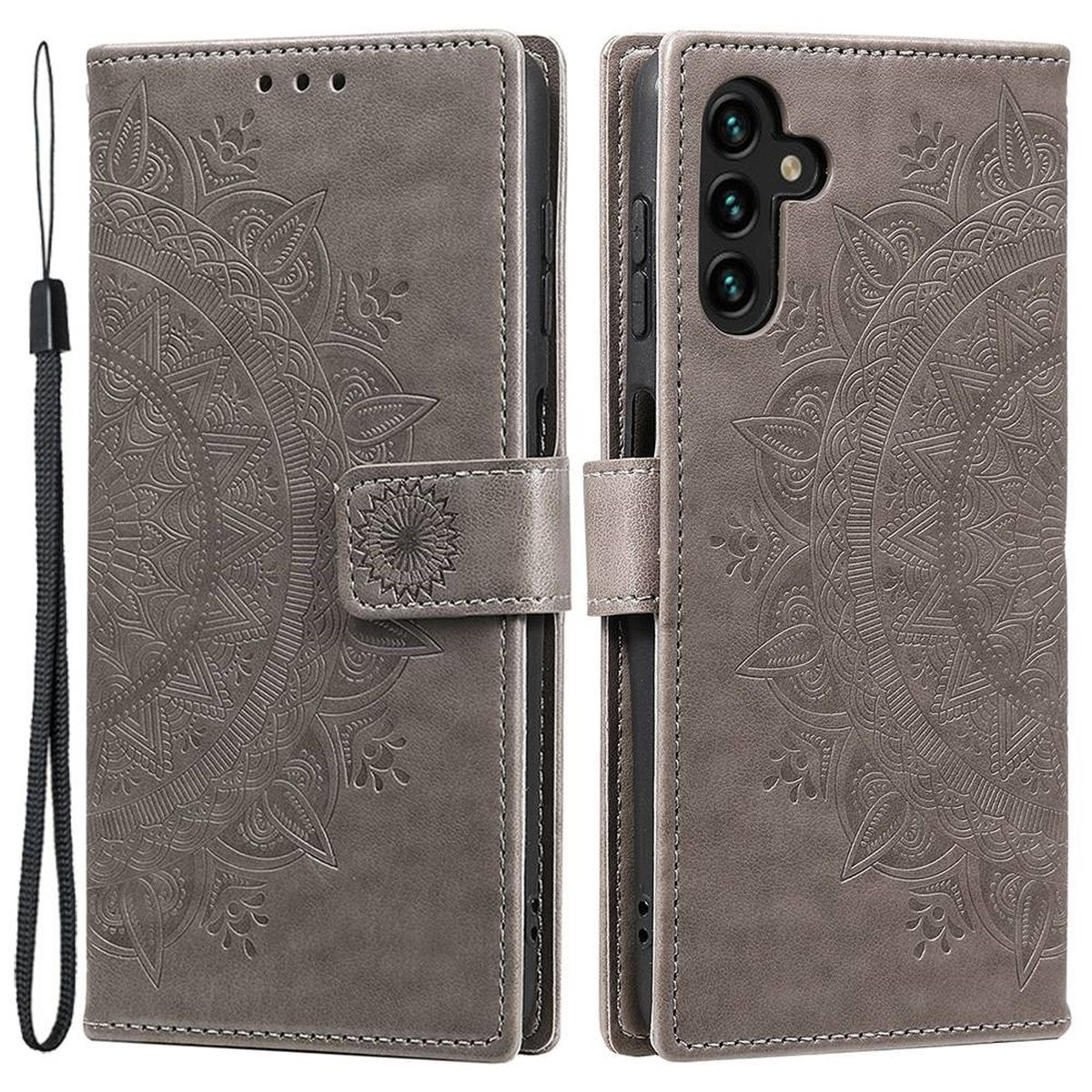 Graue Handyhülle mit geprägtem Design, geöffnet, um das Telefon zu zeigen. Ein Handgelenkband ist befestigt.