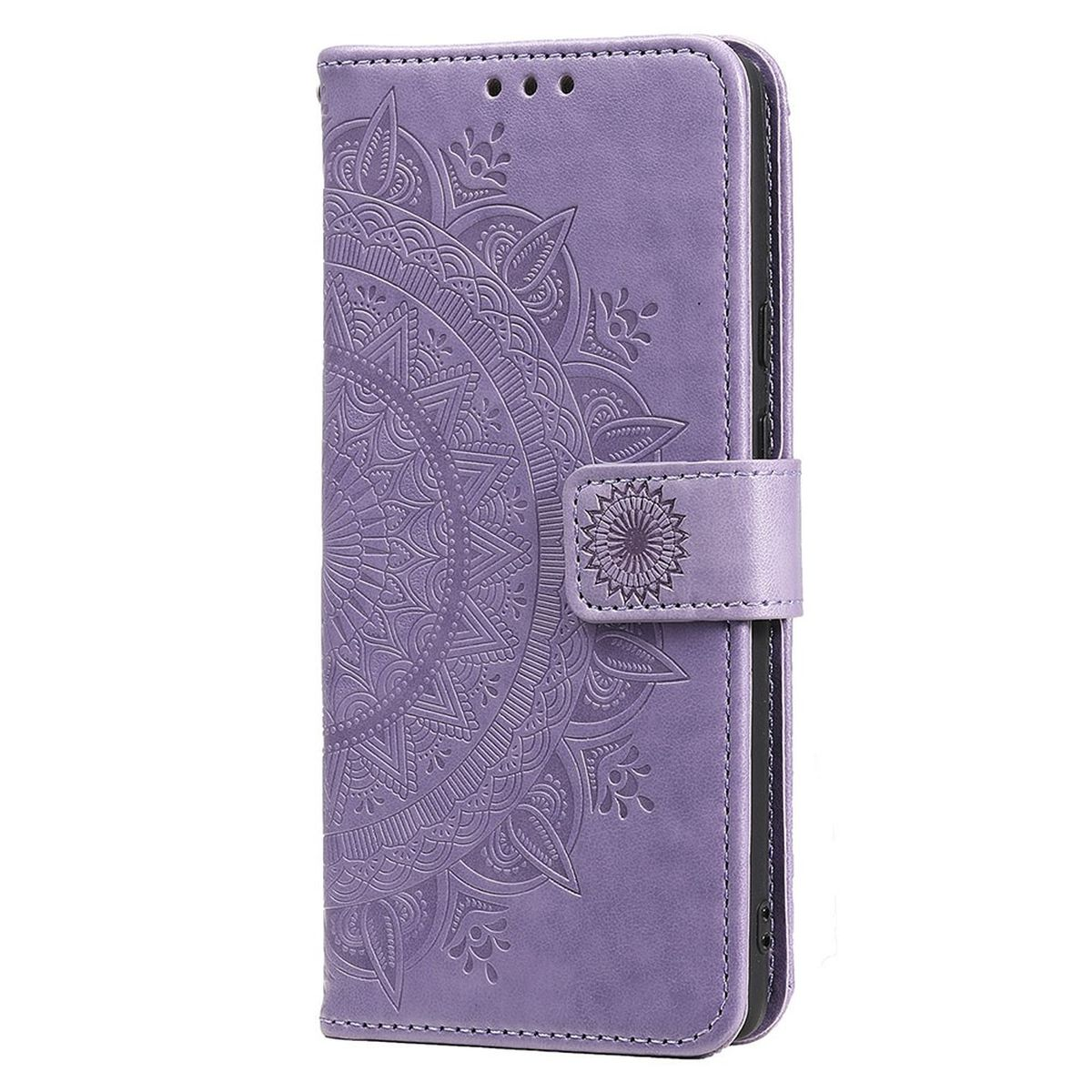 Eine lila Handyhülle mit Mandala-Design. Sie hat einen Magnetverschluss und einen schwarzen Rand.