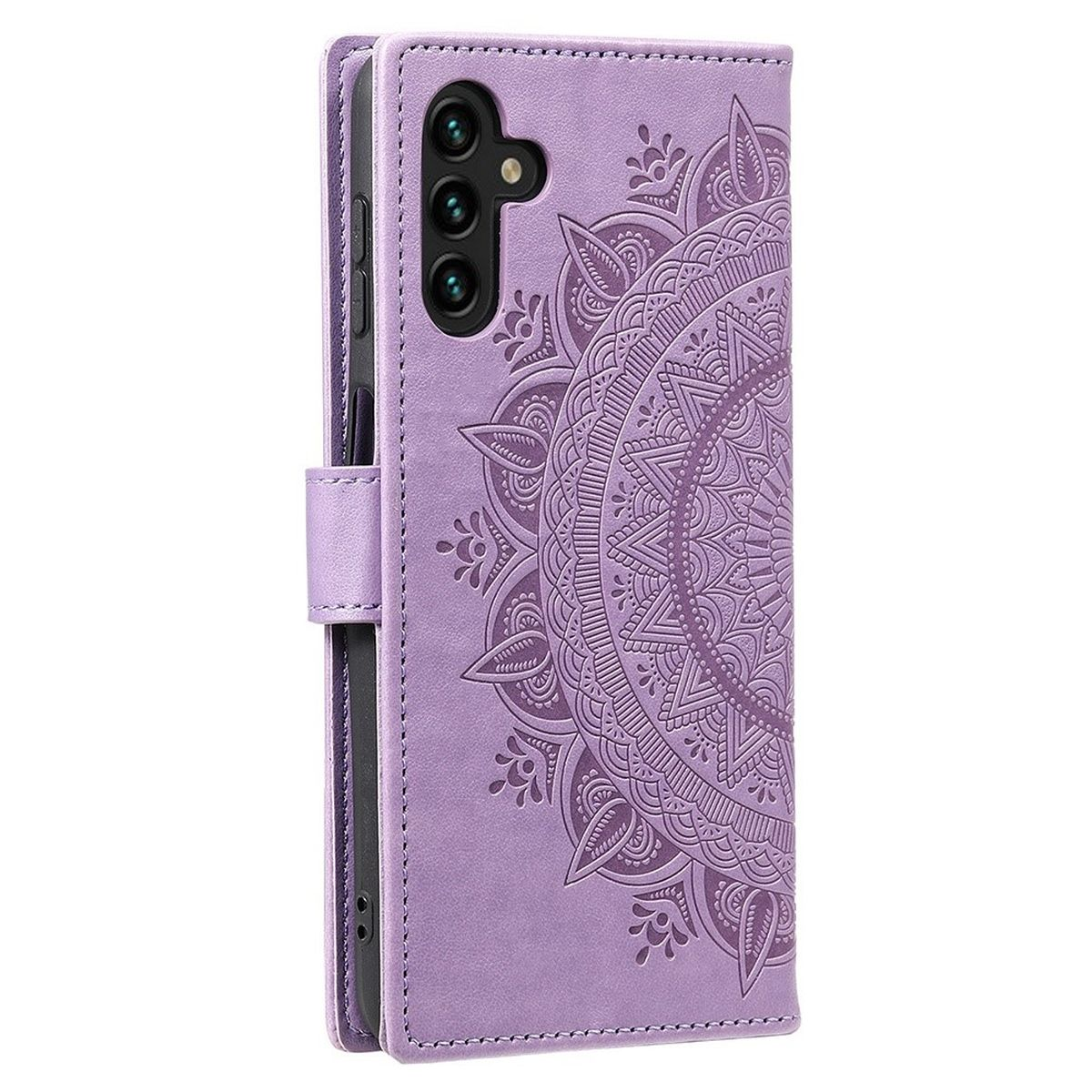Lila Handyhülle mit Mandala-Design. Geschlossen mit Magnetverschluss.