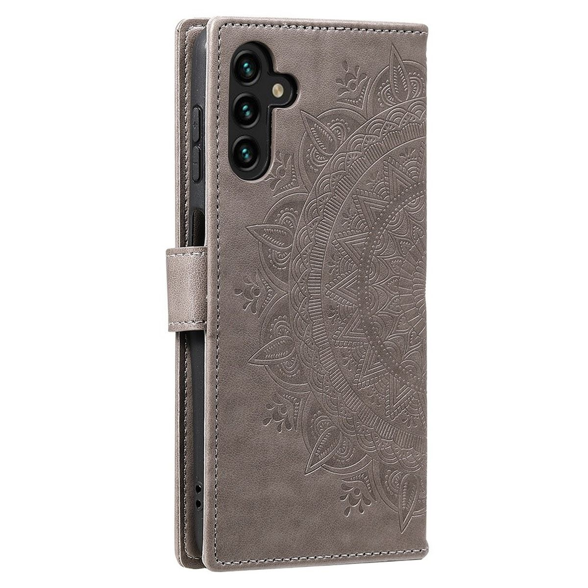 Graue Handyhülle mit Mandala-Design. Geschlossen, mit Verschluss. Telefon ist innen.
