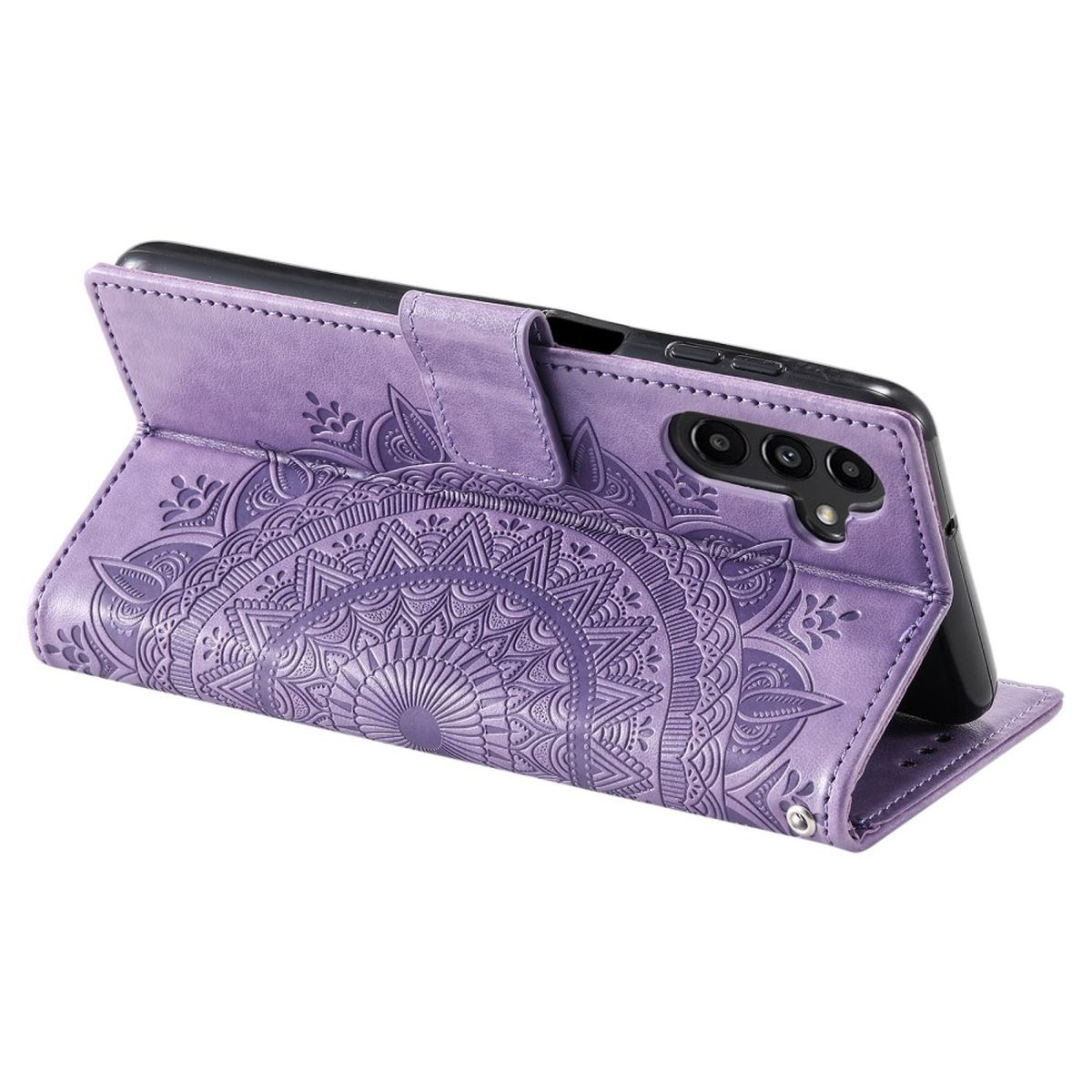 Eine lila Handyhülle mit Mandala-Design, offen gezeigt, zeigt ein Handy.