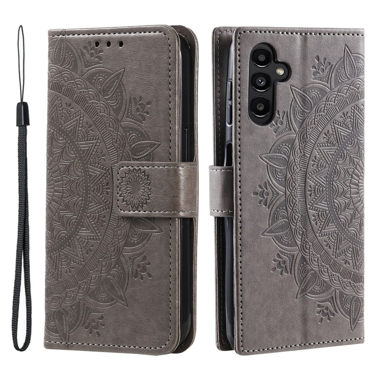 Graue Handyhülle offen und geschlossen, mit Mandala-Design.