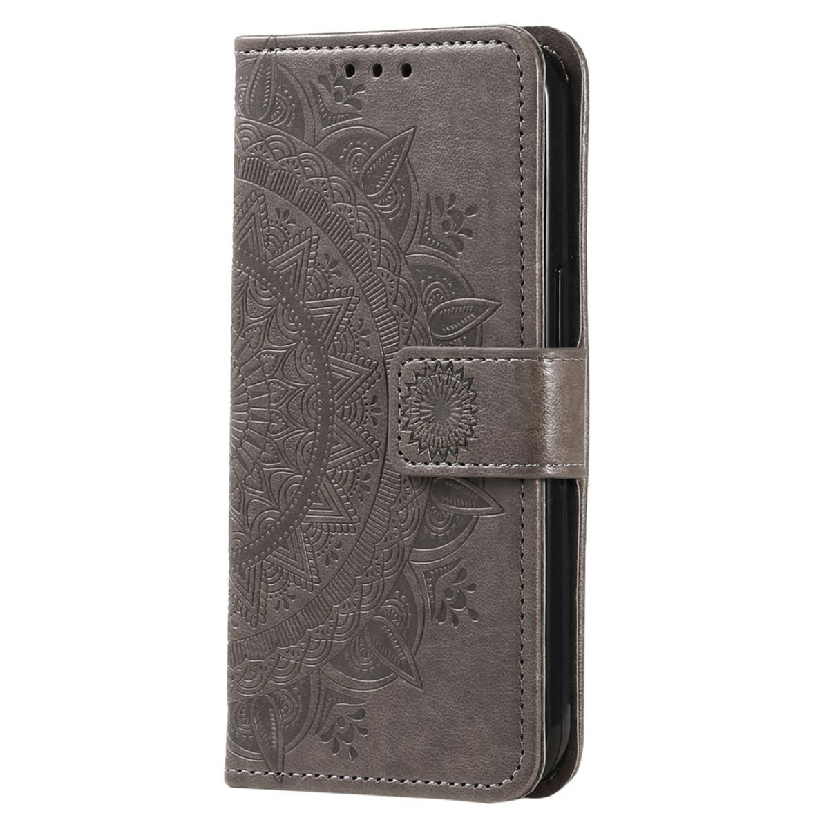 Eine graue Leder-Handyhülle ist geschlossen dargestellt. Sie hat ein aufwendiges Mandala-Design und einen Verschluss.