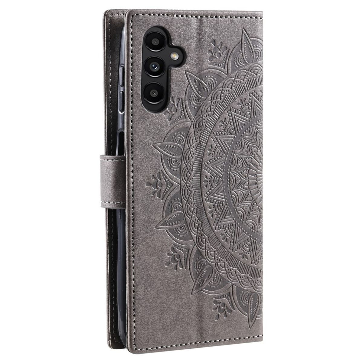 Graue Leder-Handyhülle mit Mandala-Design. Die Hülle ist geschlossen.