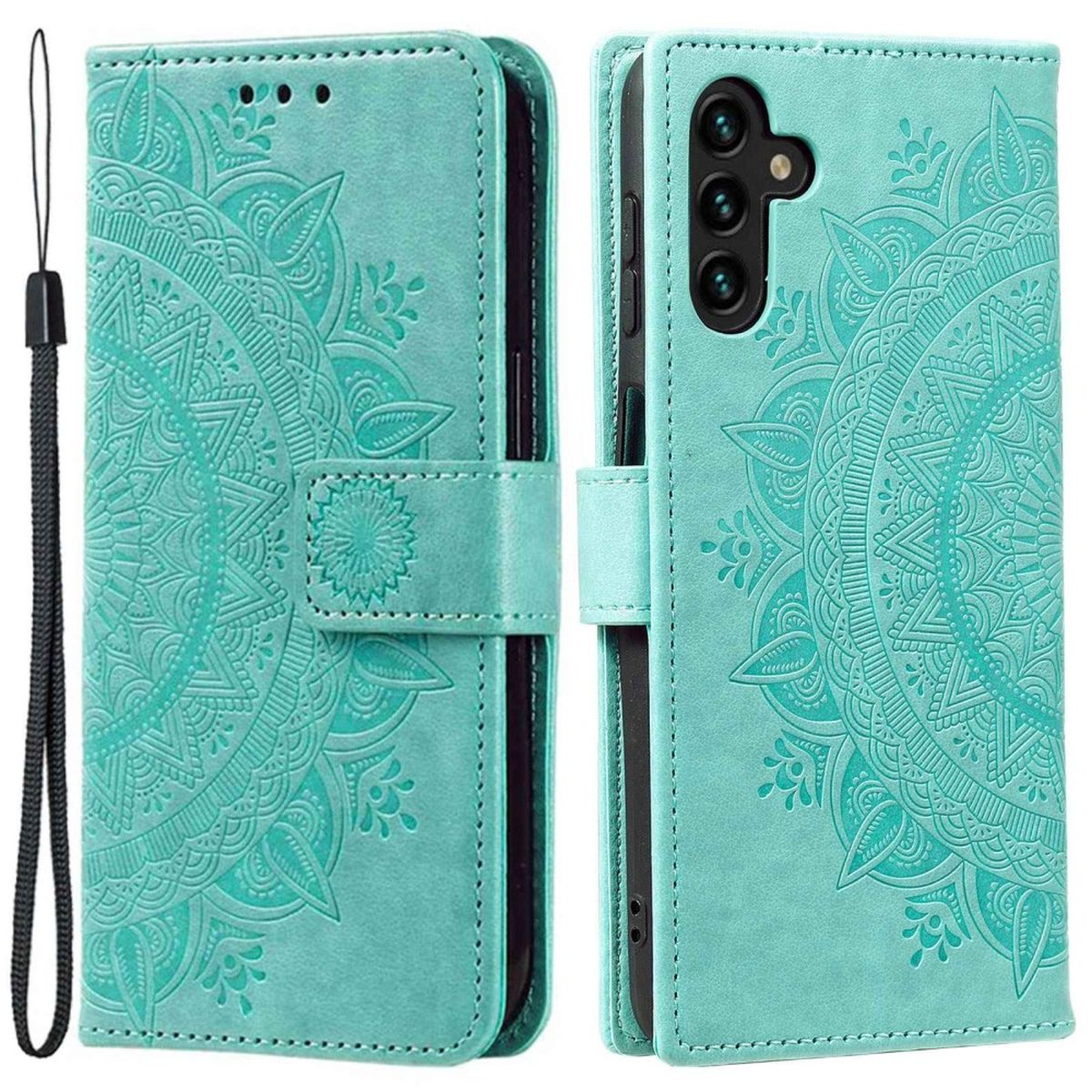 Eine türkisfarbene Geldbörsen-Handyhülle mit aufwendigem Design ist geöffnet und hält ein Telefon.