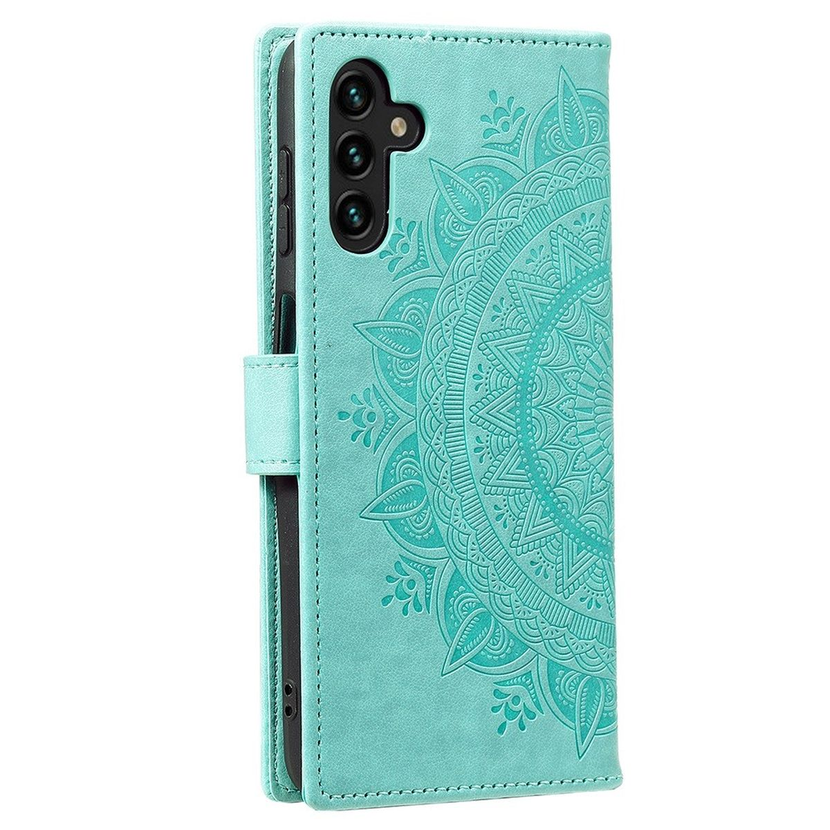 Eine türkis Handyhülle mit Mandala-Design.