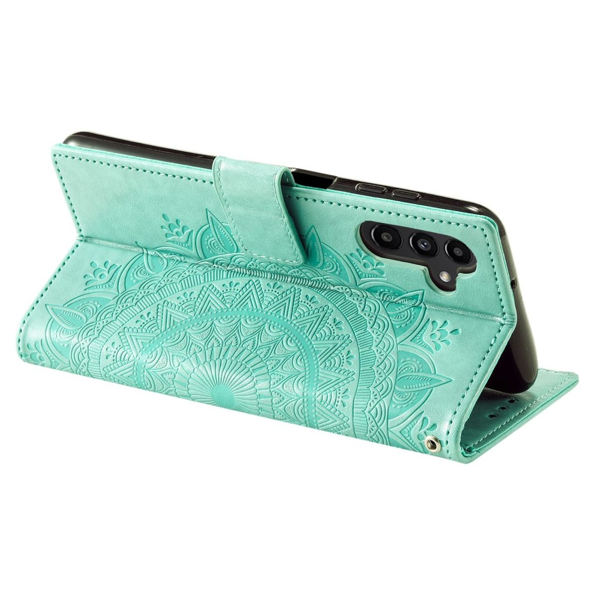 Minzgrüne Handyhülle geöffnet, um ein Telefon zu zeigen. Verziertes Design auf der Hülle.