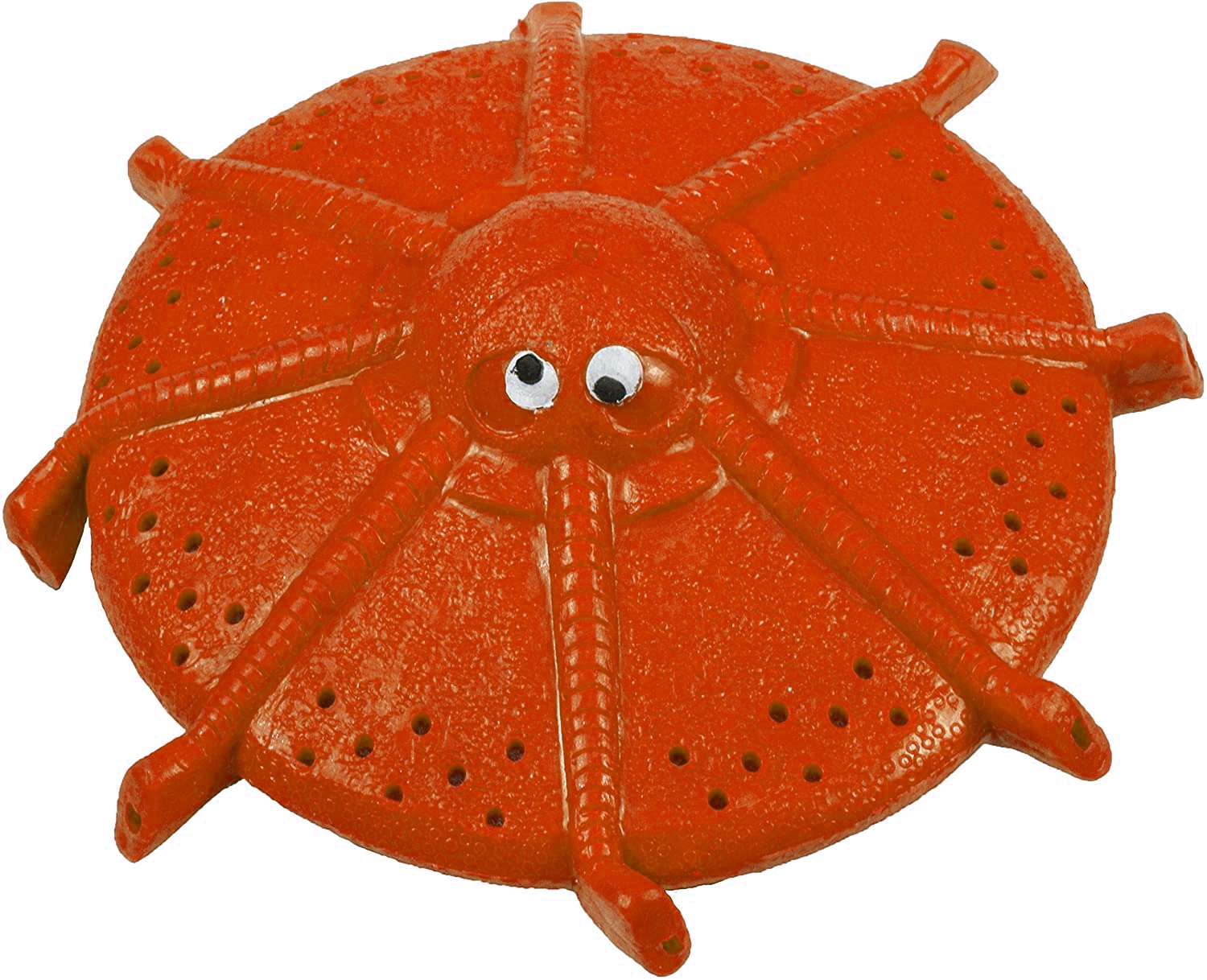Oranges Spielzeug in Form eines Oktopus mit Löchern und Wackelaugen.
