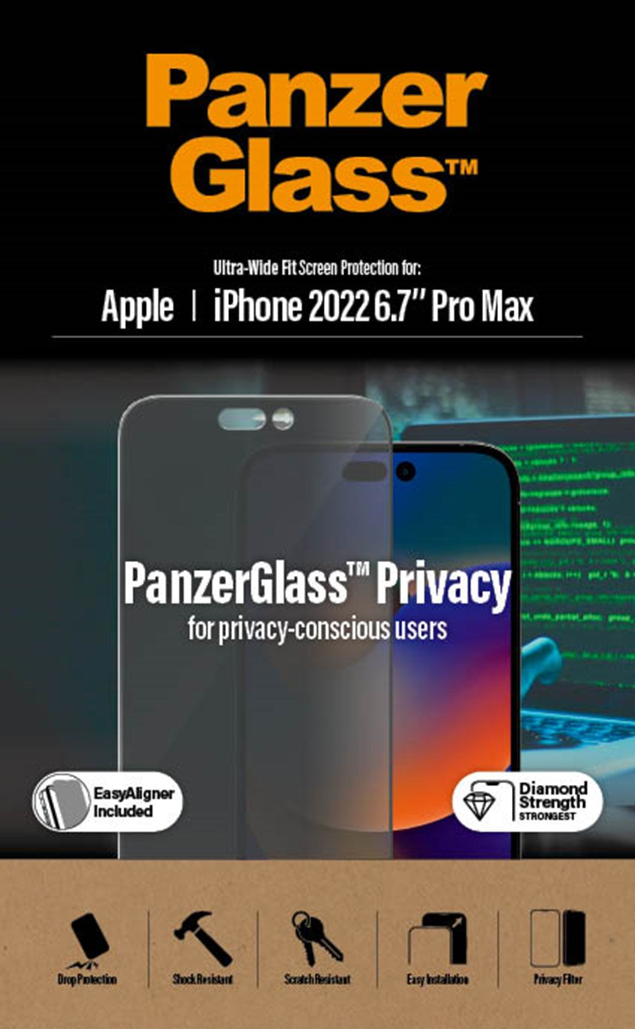 Product advertisement for PanzerGlass screen protector with iPhone and text.