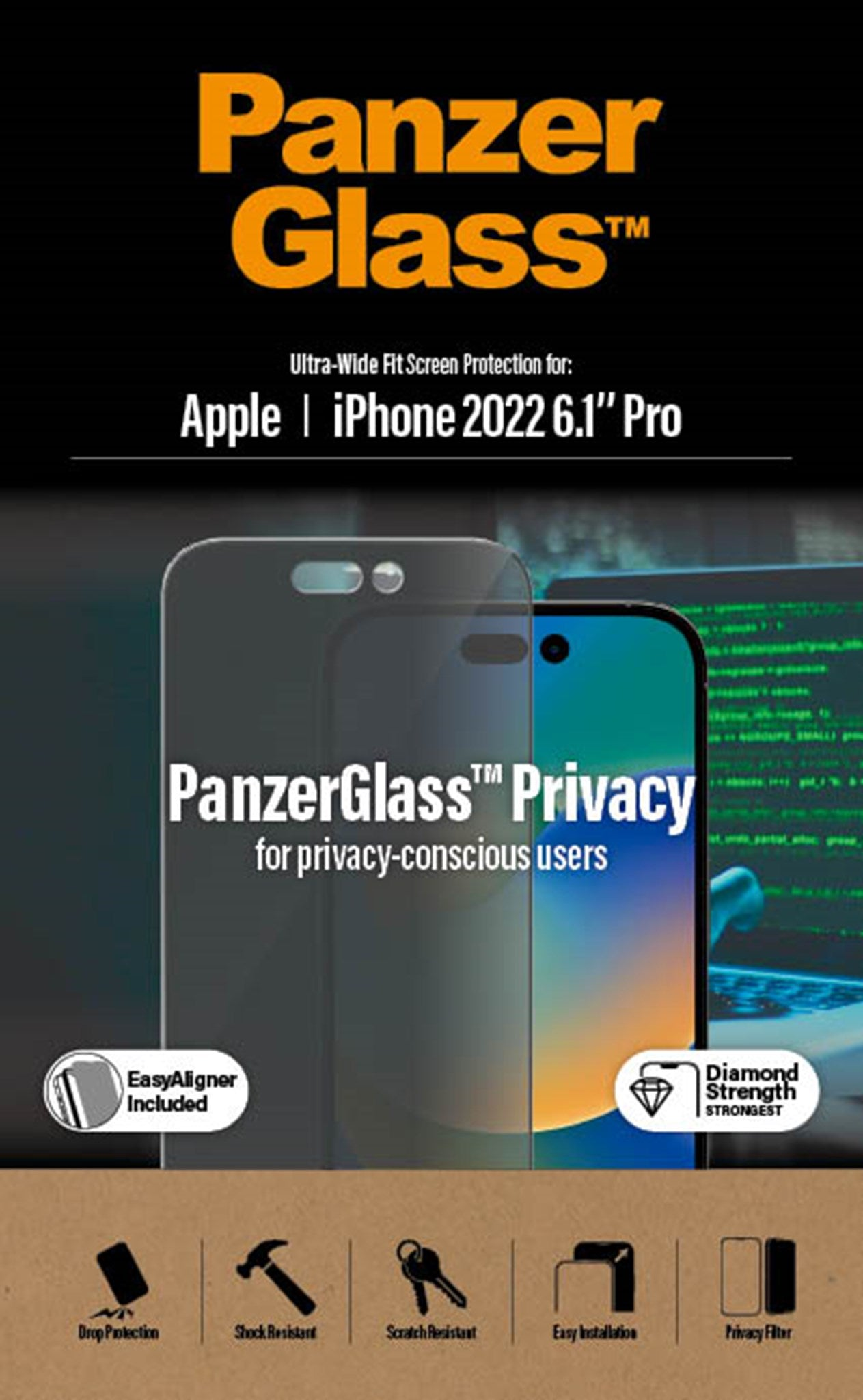 PanzerGlass schermbeschermer voor iPhone, met productkenmerken en iconen.