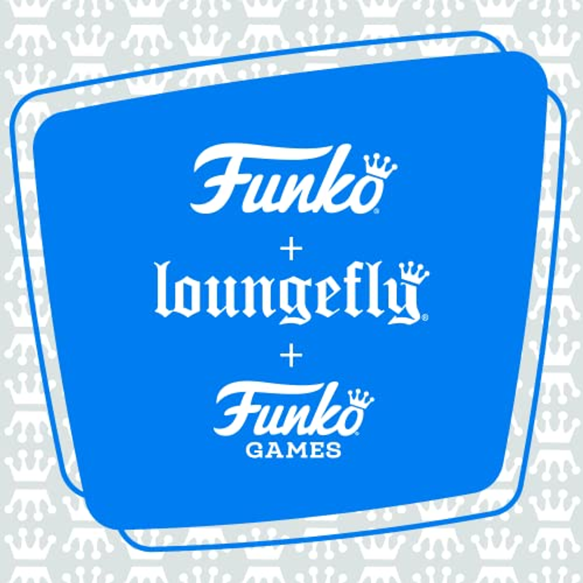 Un logotipo con "Funko + loungefly + Funko Games" en un cuadrado azul con un patrón de coronas de fondo.