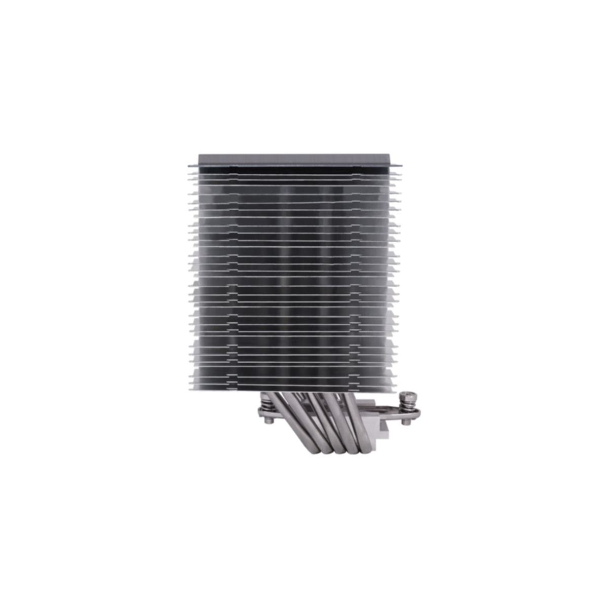CPU-Kühler, Seitenansicht. Silberner Kühlkörper mit mehreren Lamellen.