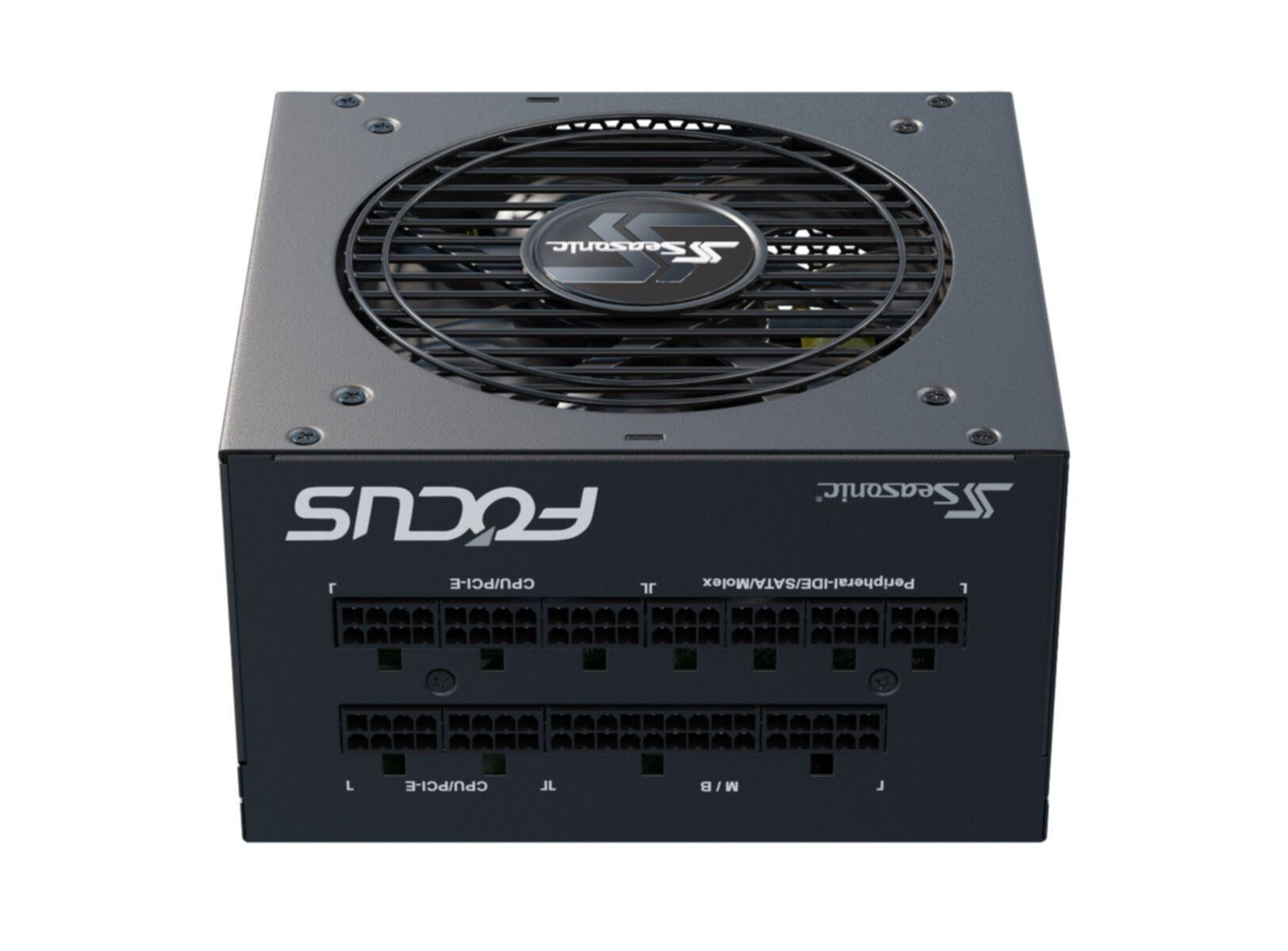 Alimentatore per computer nero. Testo: FOCUS, Seasonic, CPU/PCIE, JL, M/B, Peripheral/IDE/SATA/Molex.