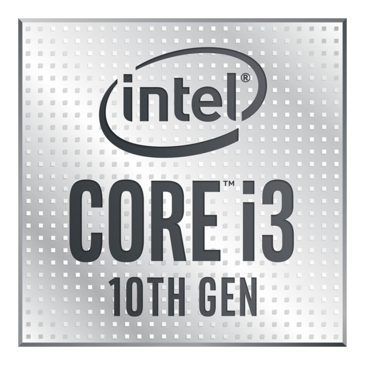 Logo procesora Intel Core i3 na metalicznej srebrnej powierzchni. Tekst brzmi: CORE i3 10TH GEN.