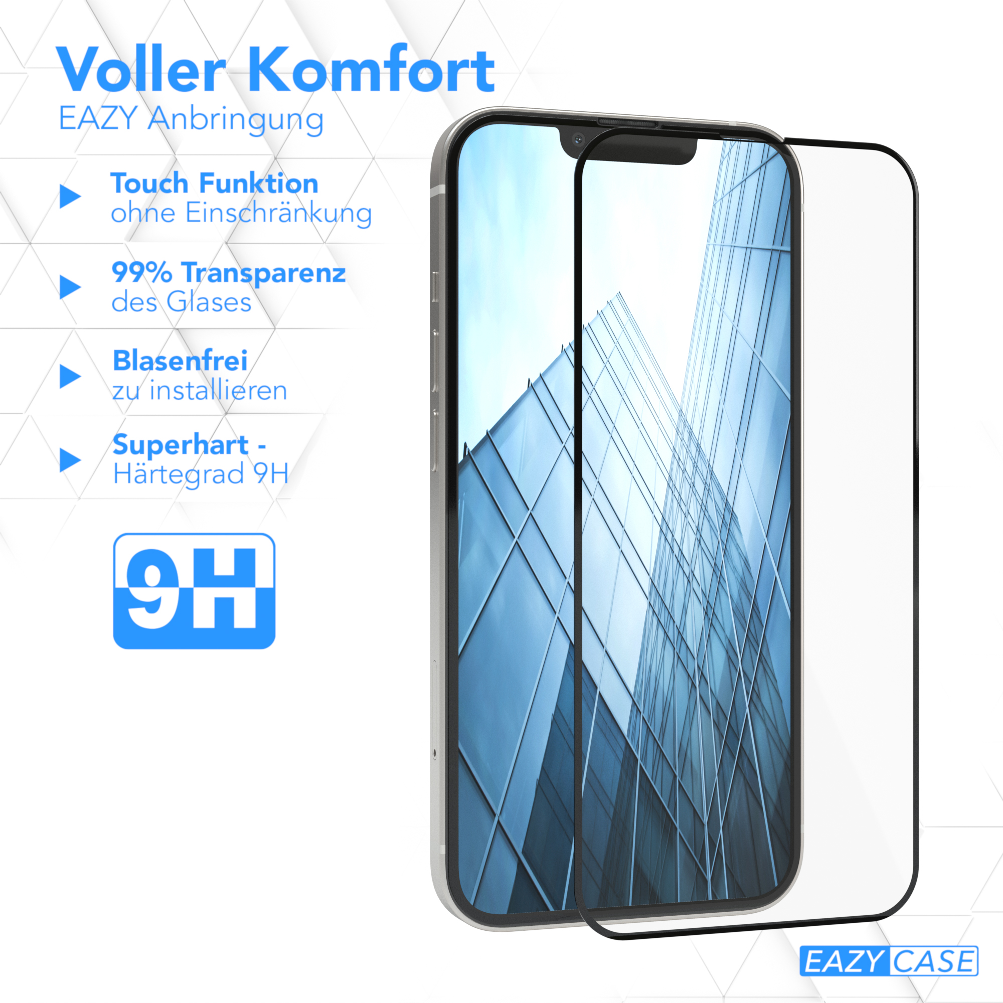 Schutzglas für Telefon mit blauem Hintergrund. Deutscher Text beschreibt die Funktionen.