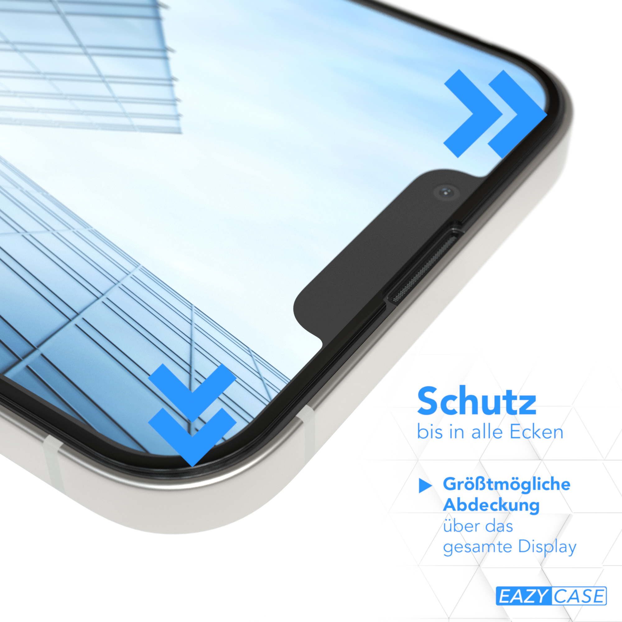 Nahaufnahme eines Smartphone-Bildschirms mit blauen Pfeilen, die die Ränder anzeigen, zum Schutz.