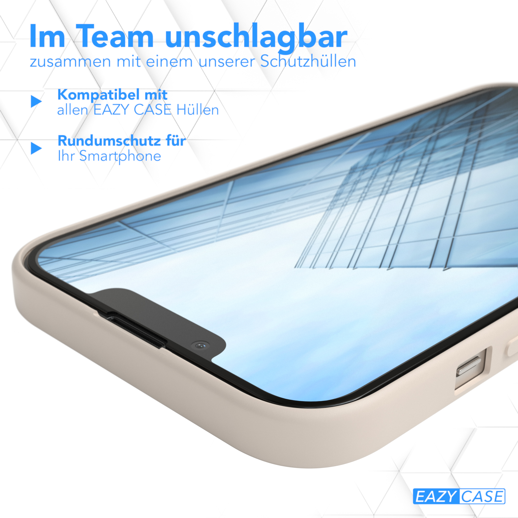 Nahaufnahme eines Smartphones in einer Hülle. Das Telefon ist weiß und die Hülle ist beige.