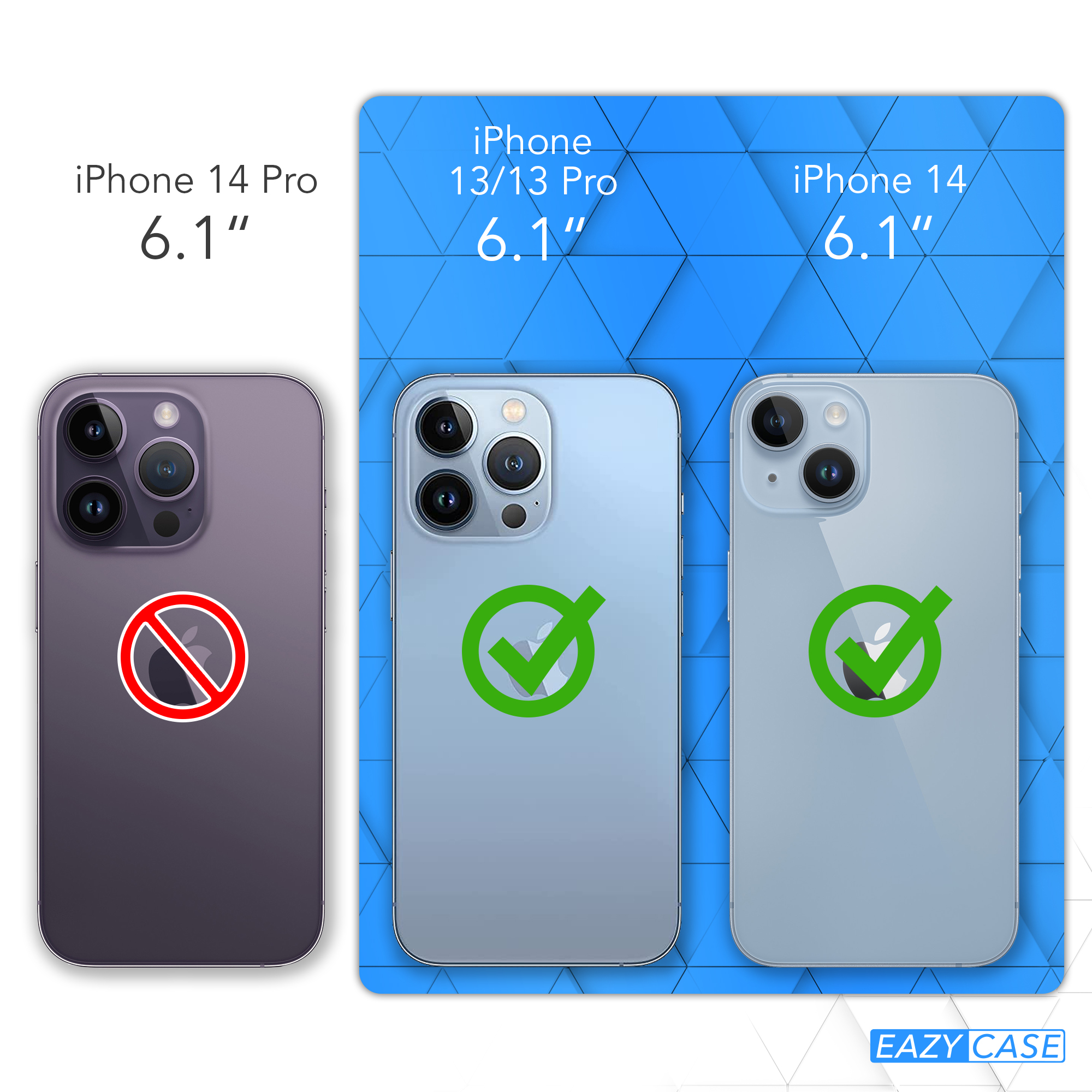 Drei Telefone nebeneinander. iPhone 14 Pro ist nicht kompatibel. iPhone 13/13 Pro und iPhone 14 sind.