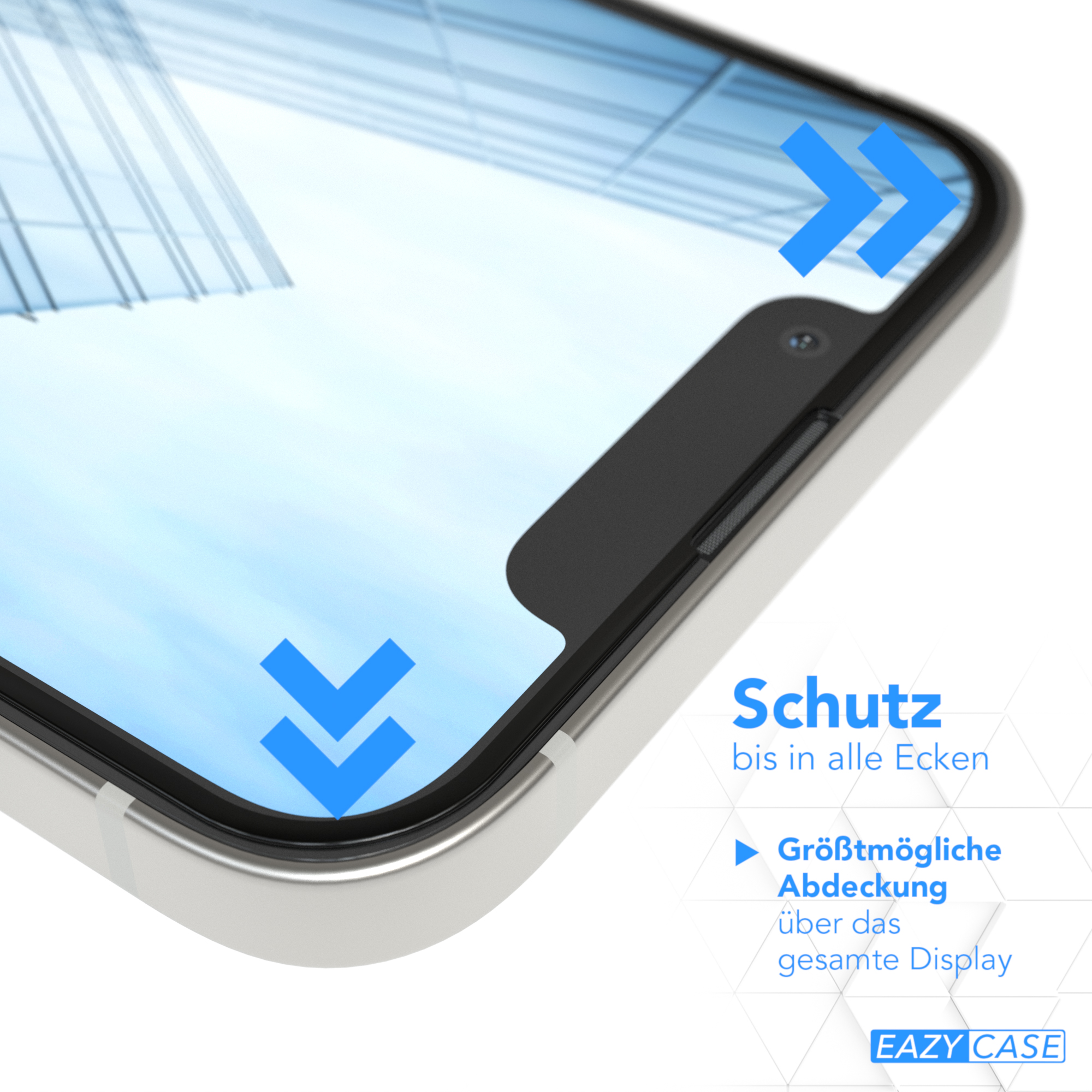 Nahaufnahme des Telefons, mit Pfeilen, die auf den Schutz hinweisen. Text: Schutz bis in alle Ecken.