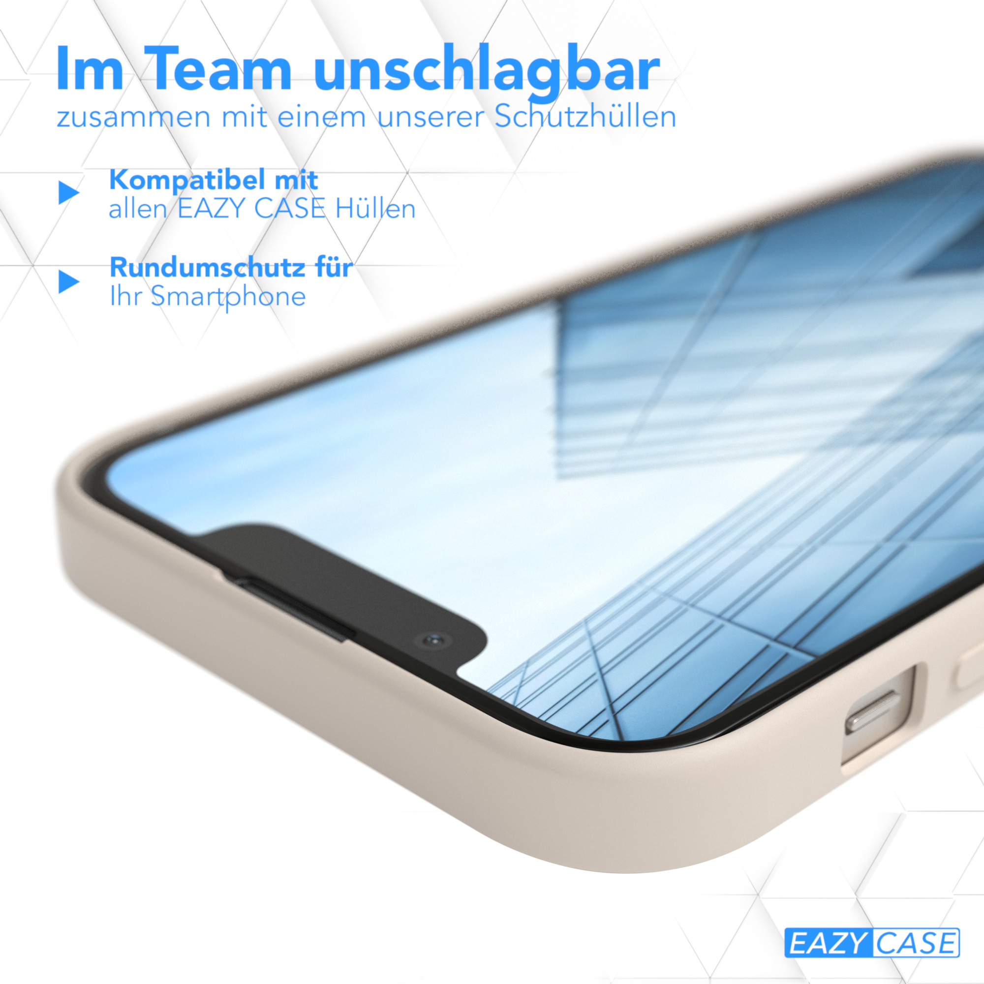 Smartphone in einer Hülle. Text: Rundumschutz, und EAZY CASE Logo rechts.