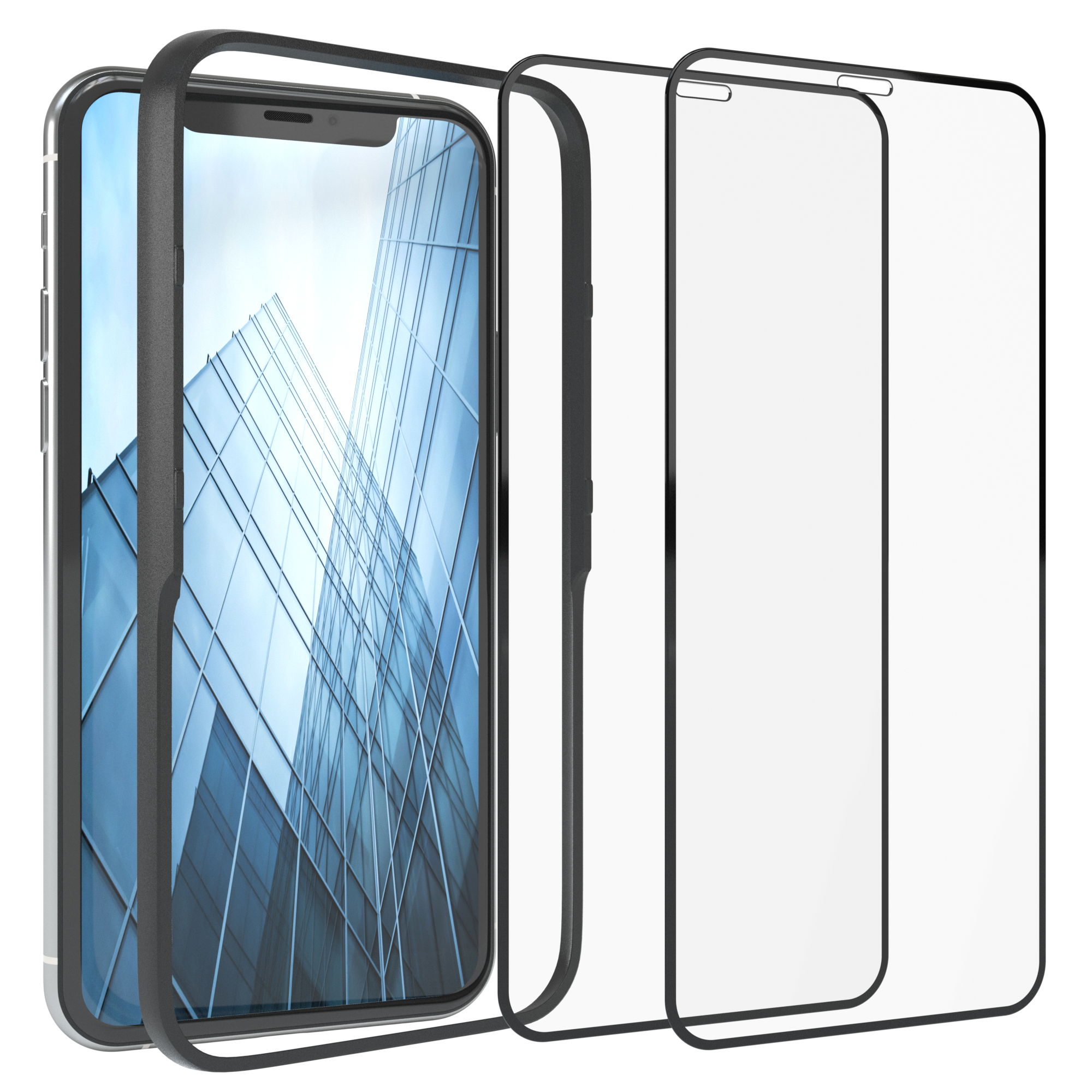 Ein Telefon mit Displayschutz und schwarzem Rahmen. Gebäude im Hintergrund.