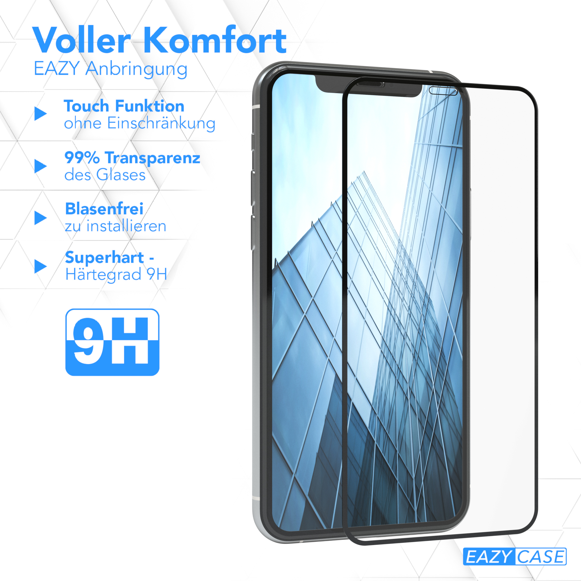 Ein Displayschutz mit Text. Der Displayschutz befindet sich auf einem Telefon. Hintergrund ist weiß.