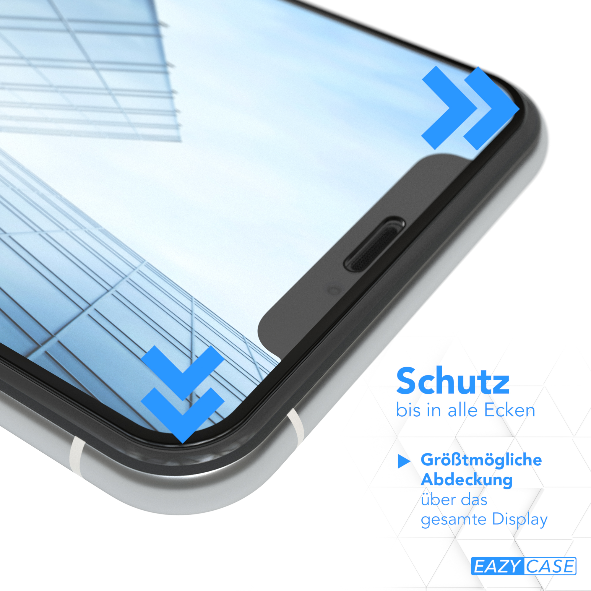 Nahaufnahme eines Telefons mit angebrachtem Displayschutz. Blaue Pfeile zeigen auf die Ränder.