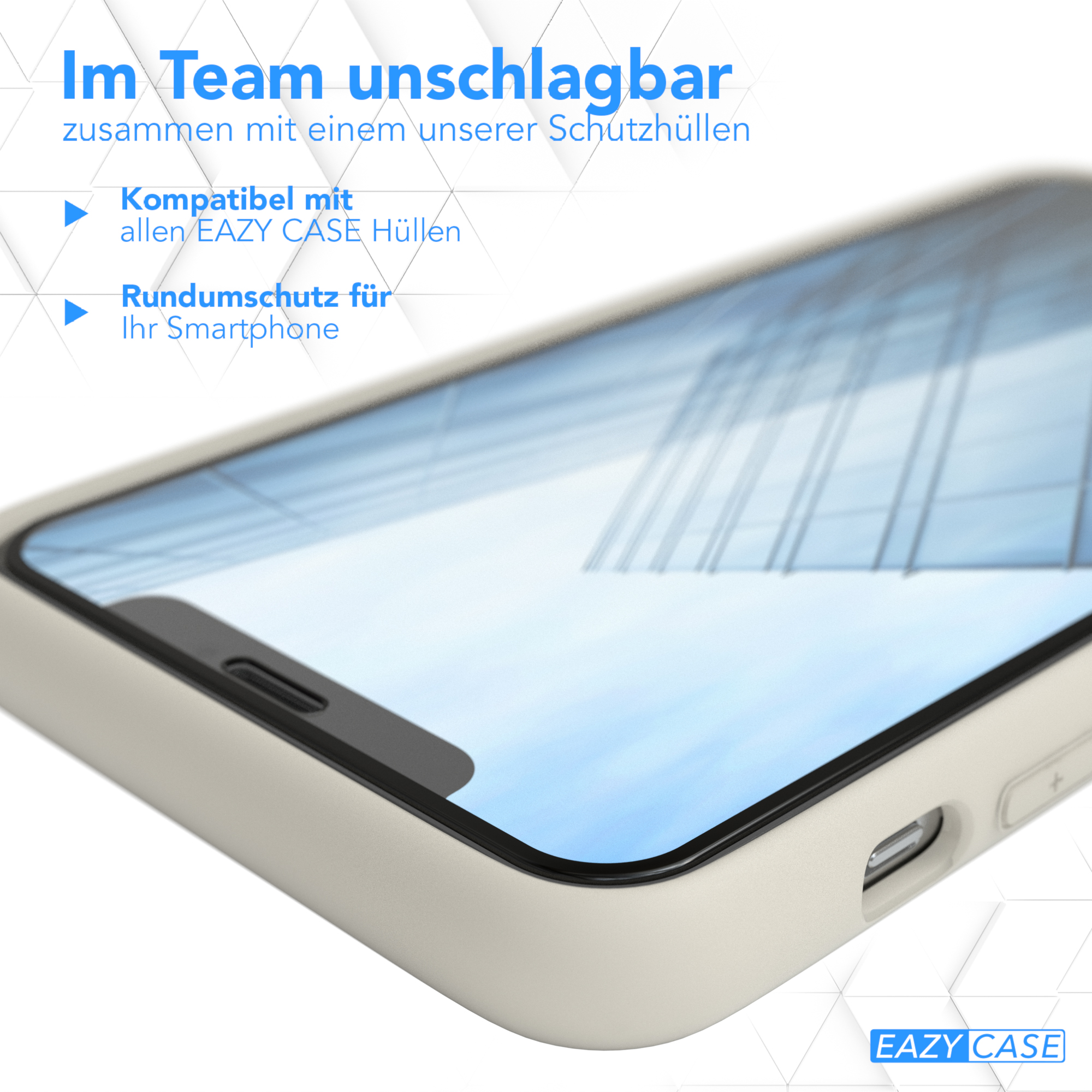 Smartphone-Hülle. Weiße Hülle mit dem Text: Im Team unschlagbar. Liste der Funktionen und das EAZY CASE Logo.