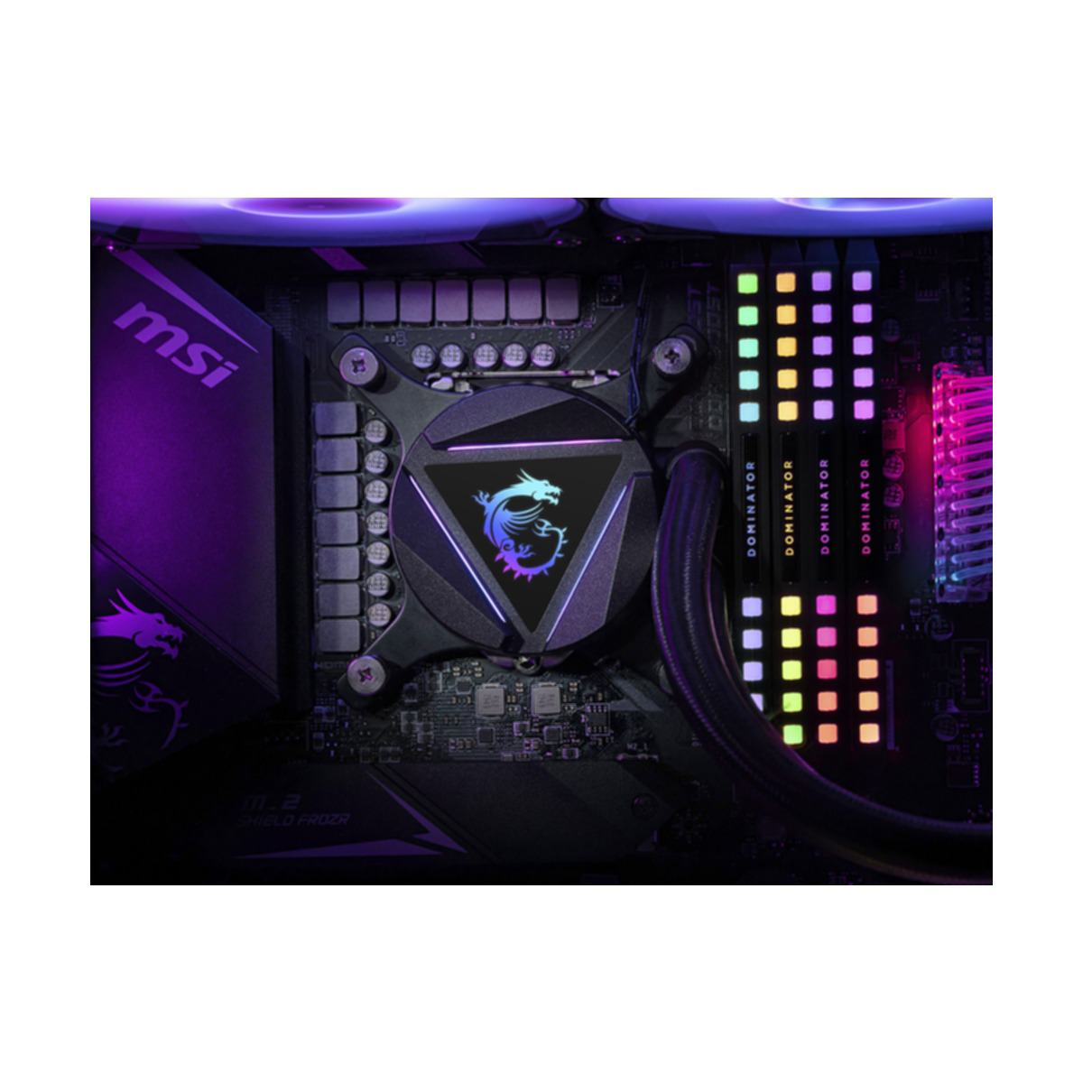 MSI logosu ile bir bilgisayarın CPU soğutucusu, aydınlatılmış bileşenlerle çevrili.