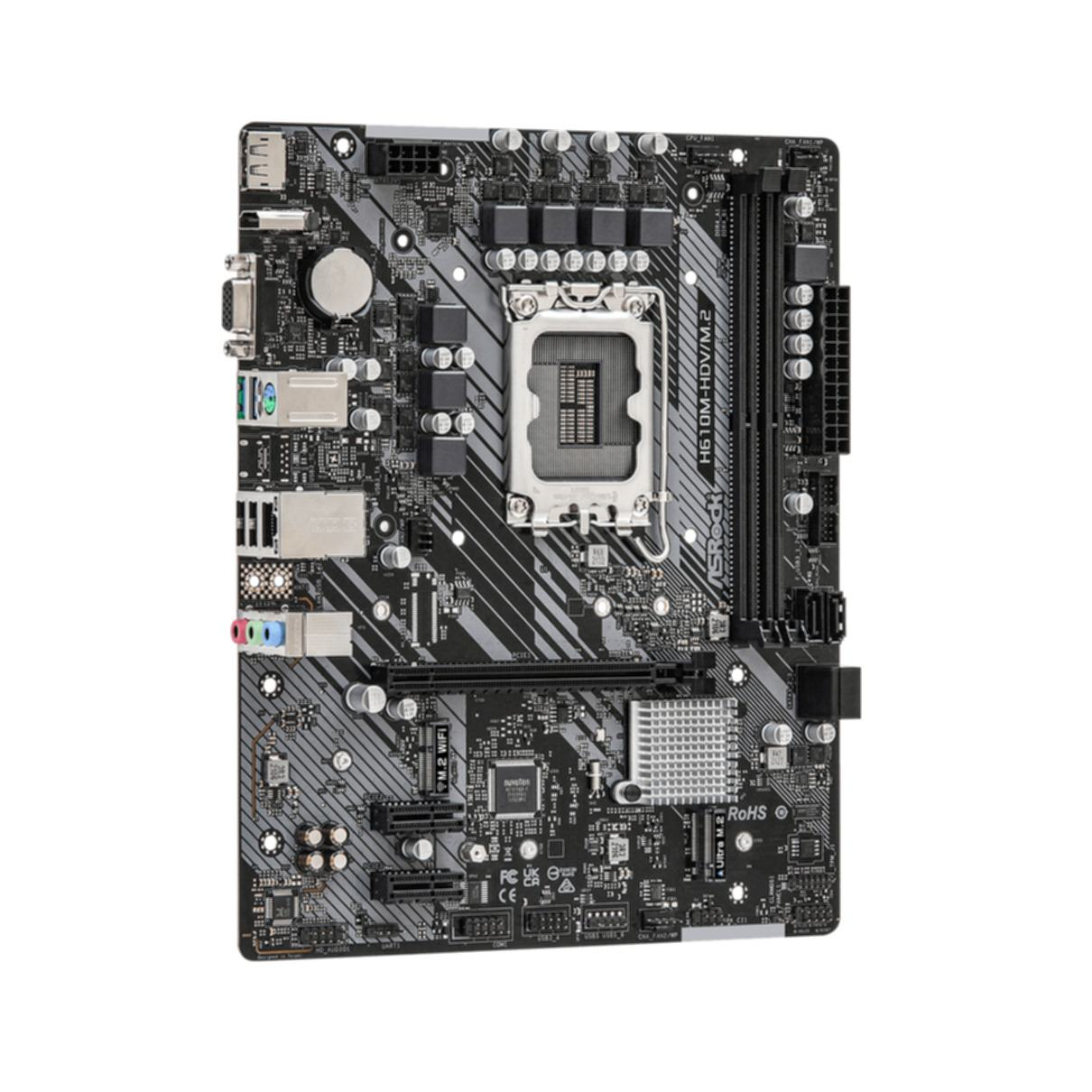 Schwarzes und graues Computer-Motherboard mit verschiedenen Komponenten. Es befindet sich auf einer weißen Oberfläche.