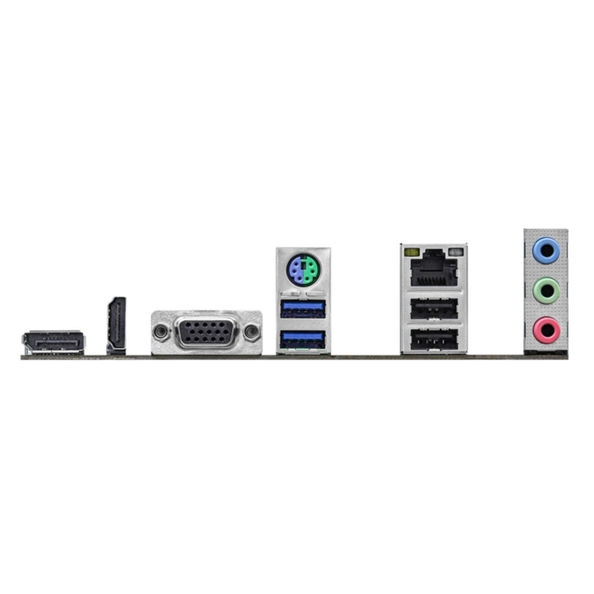Rückwand eines Geräts mit verschiedenen Anschlüssen: USB, HDMI usw. Weißer Hintergrund.