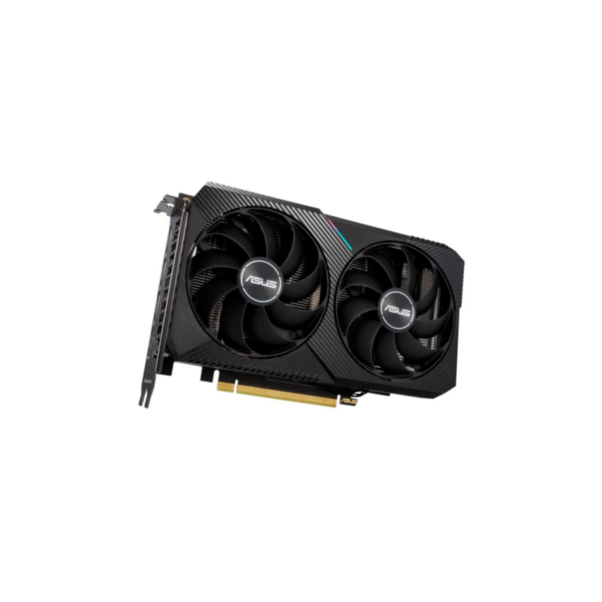 Scheda grafica con due ventole, nere e grigie. Logo ASUS visibile. Sfondo bianco.