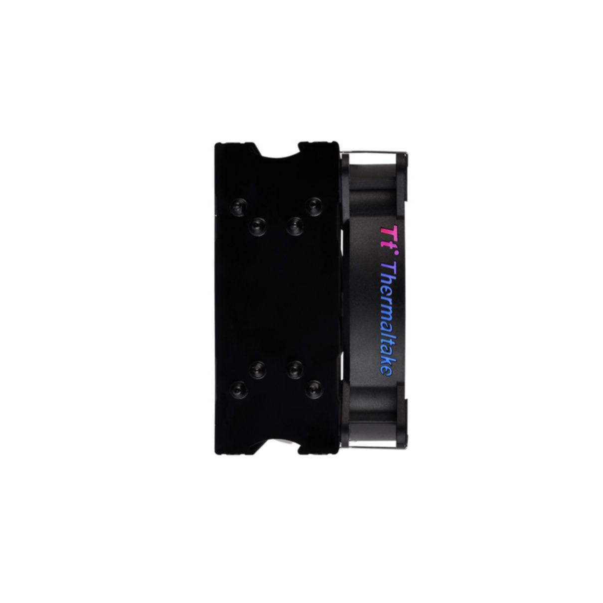 Schwarzer CPU-Kühler mit Lüfter. 'Tt Thermaltake' steht seitlich.