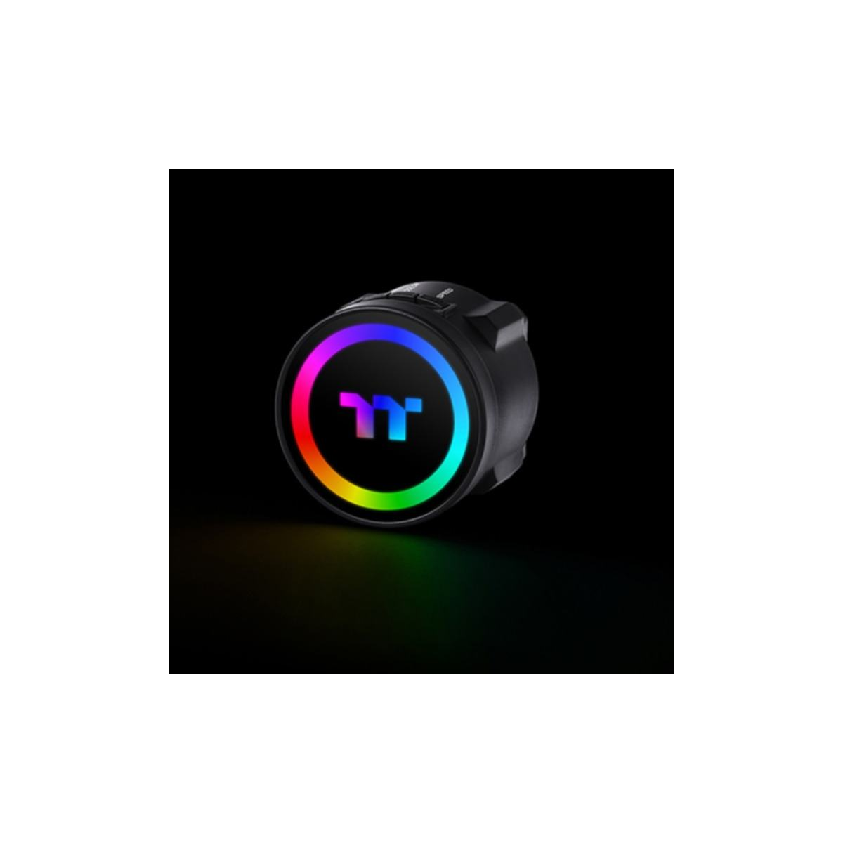 Ein kreisförmiges Gerät mit einem Regenbogenlichtring.