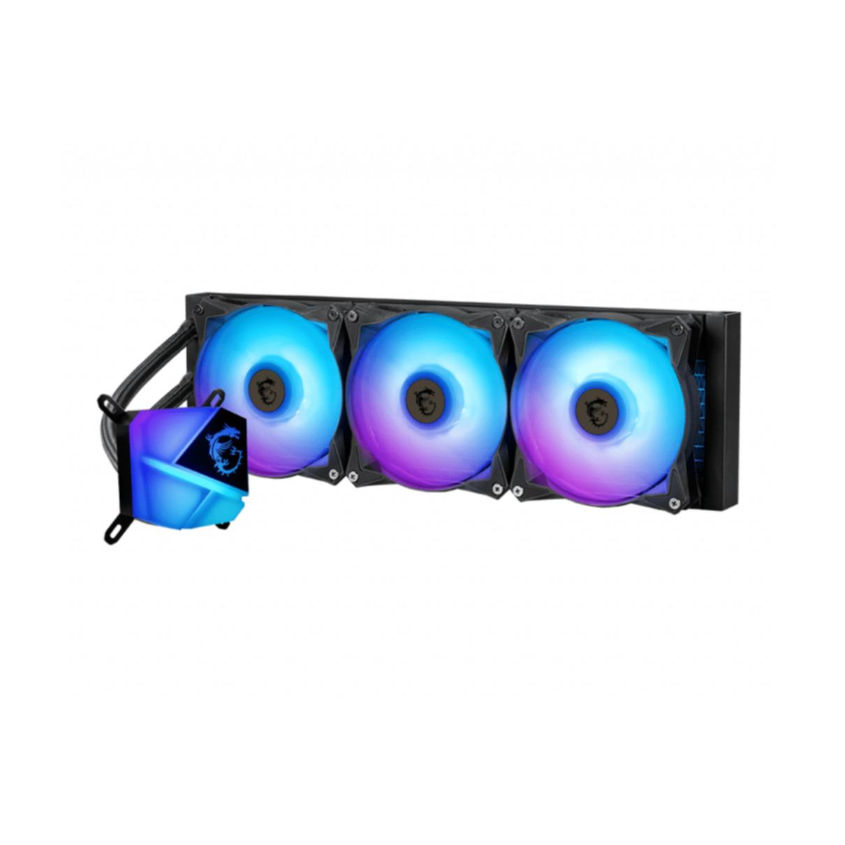 Un refrigerador de CPU con tres ventiladores azules y morados y un bloque cuadrado con el logotipo de MSI sobre un fondo blanco.