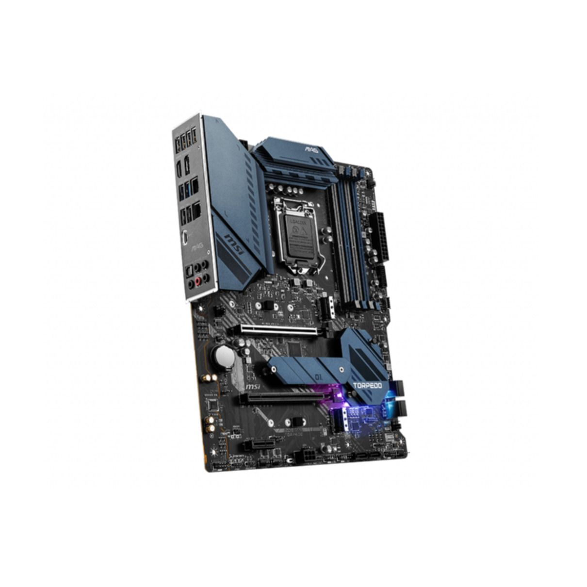 Blau-schwarzes MSI-Motherboard mit verschiedenen Komponenten, auf weißem Hintergrund.