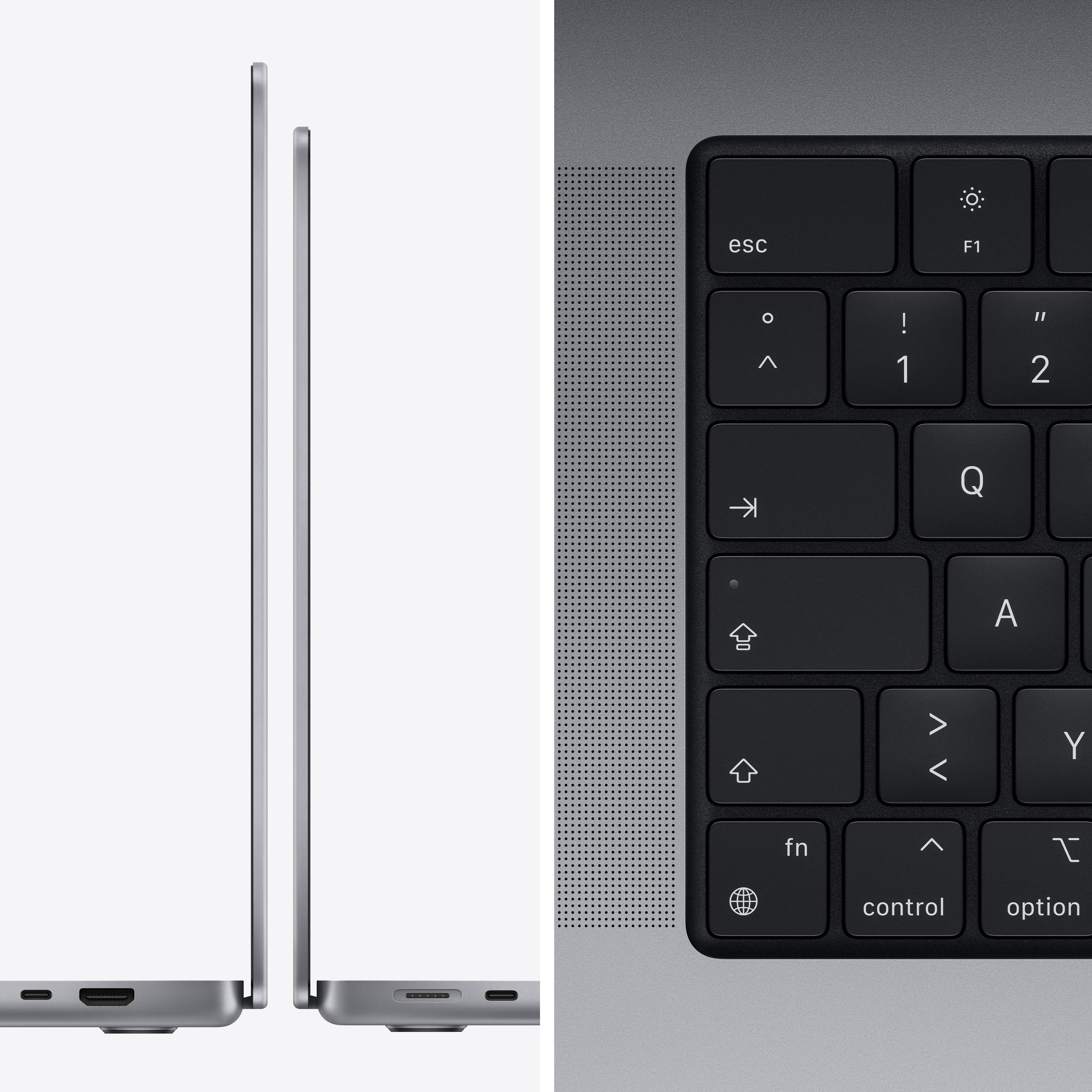 Seitenansicht des Laptops, geschlossen und geöffnet. Tastaturdetail rechts.