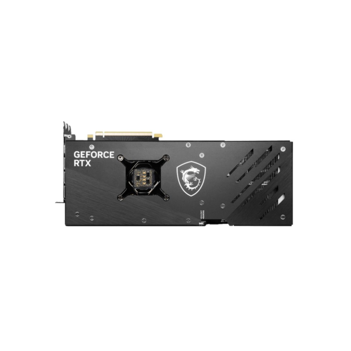Schwarze GeForce RTX Grafikkarten-Rückseite mit MSI-Logo auf schwarzem Grund.