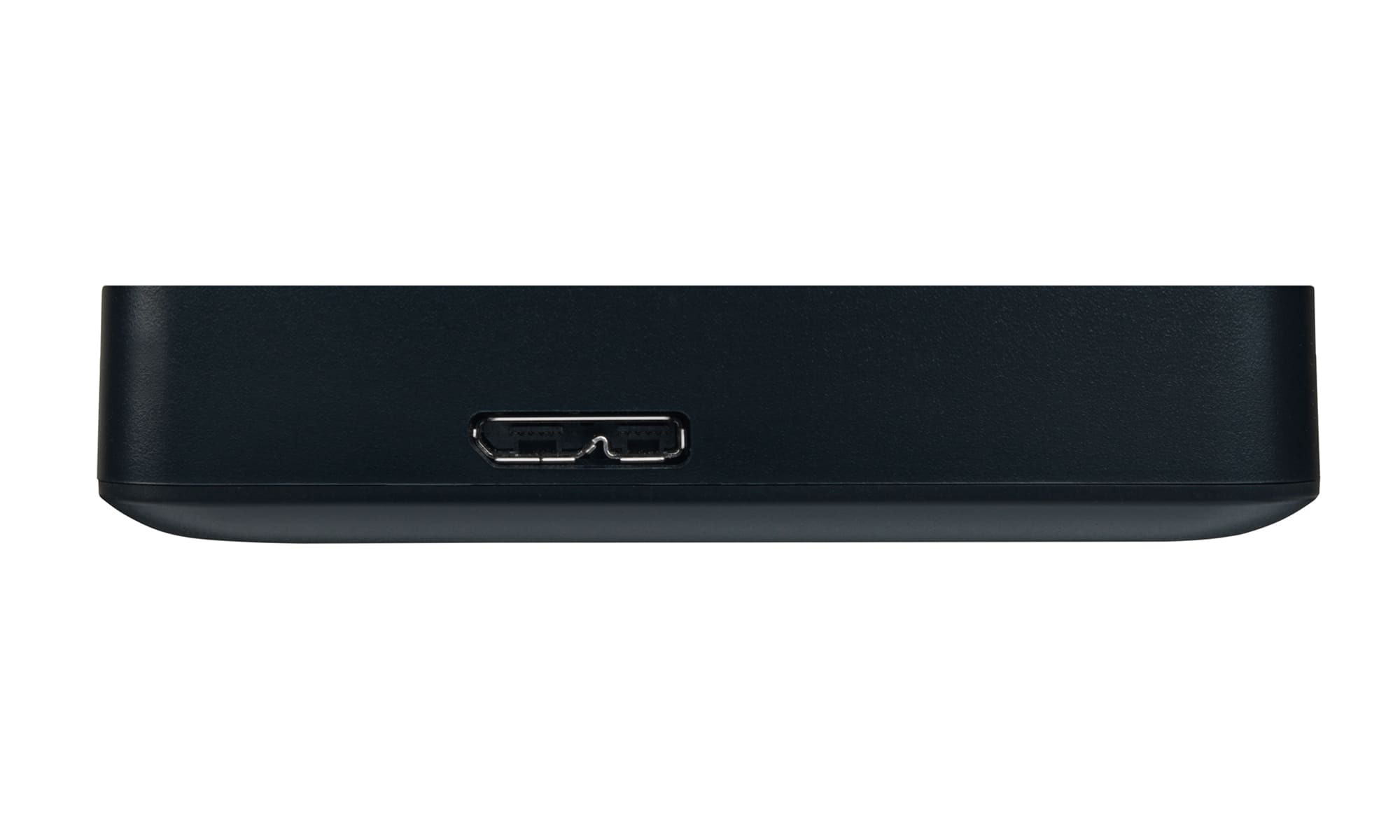 Disco duro externo negro con un solo puerto USB, sobre fondo blanco.