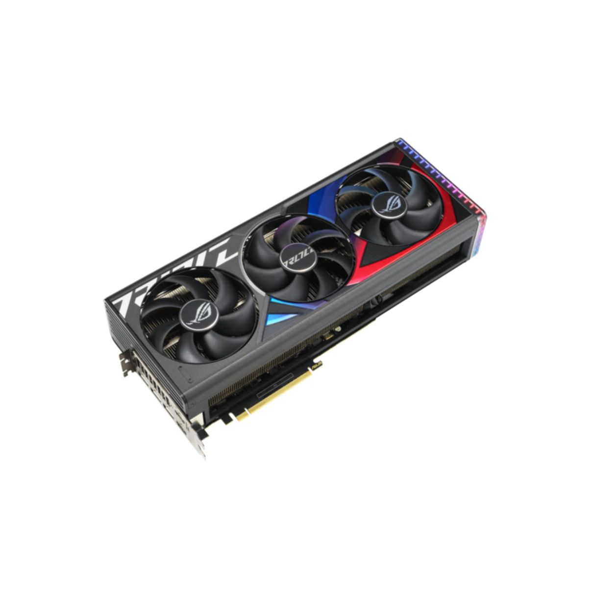 Scheda grafica con tre ventole, nera e blu. Il logo ROG è visibile.