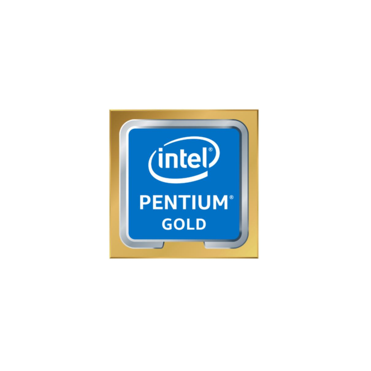Niebieski procesor Intel Pentium Gold w złotej kwadratowej ramce.
