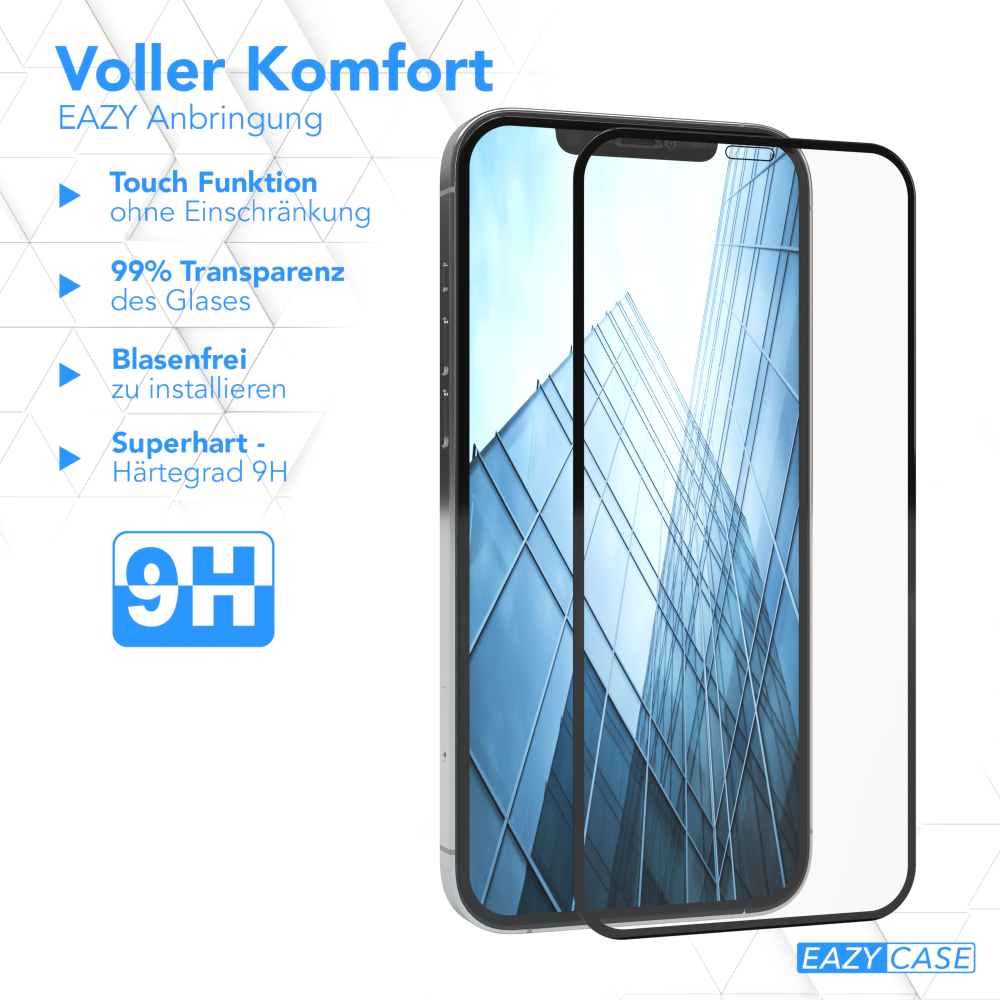 Telefon mit Displayschutzfolie. Text: 'Voller Komfort' und Produktinfo.