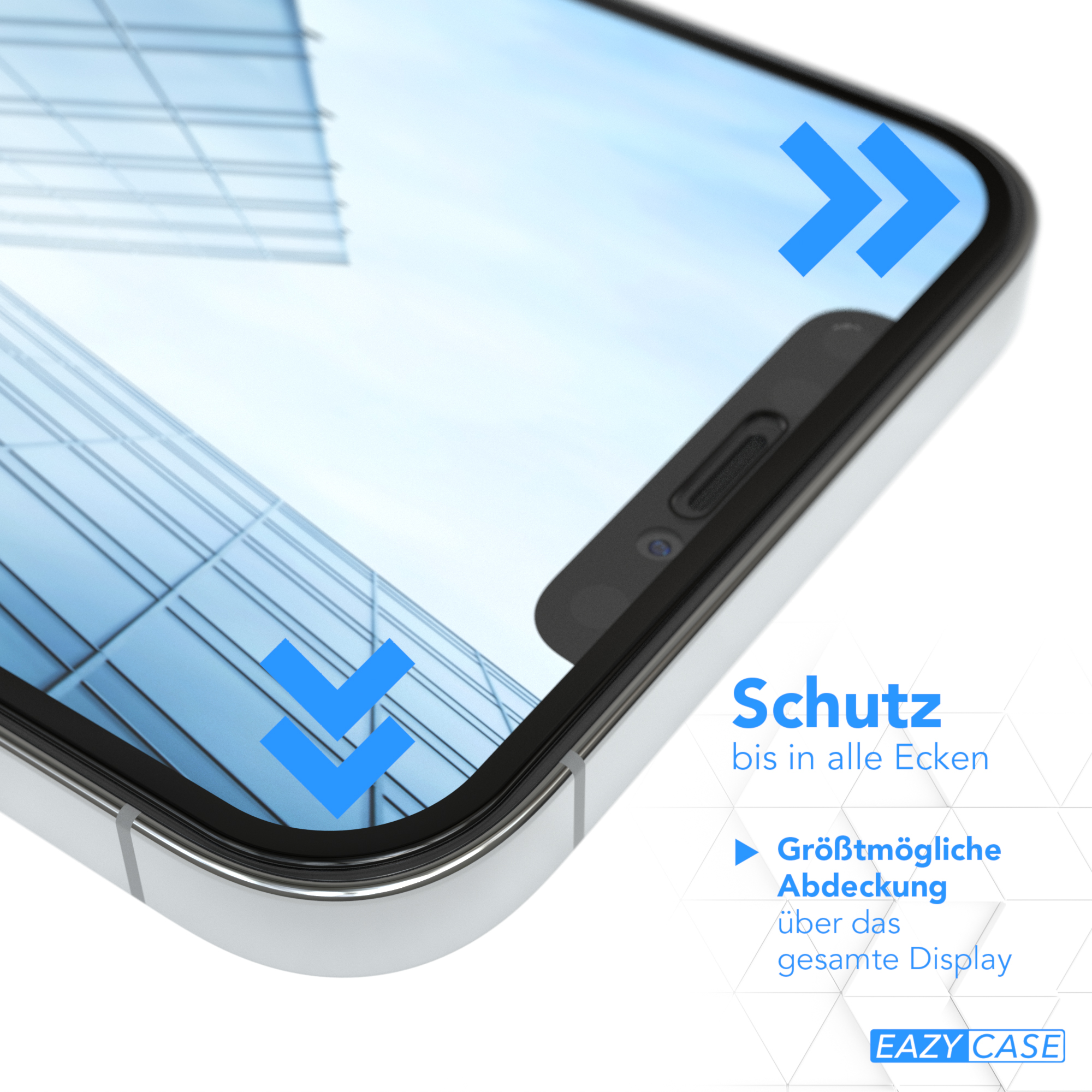 Smartphone mit Displayschutzfolie. Pfeile heben die Bildschirmränder hervor. Text ist sichtbar.