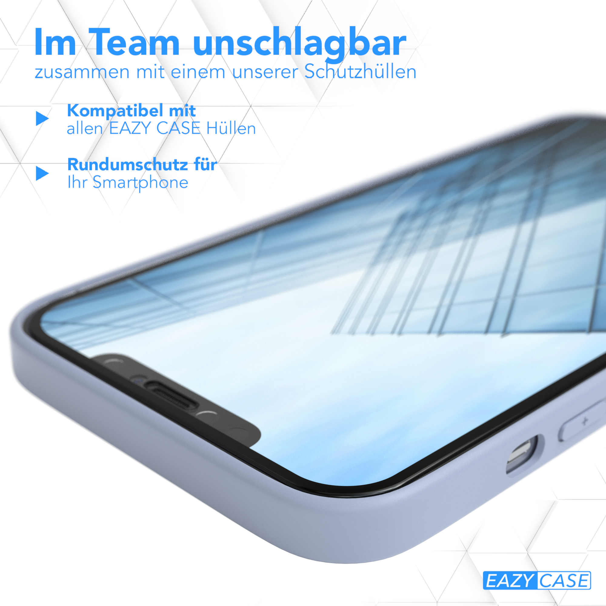 Smartphone in Schutzhülle. Text: Im Team unschlagbar, Kompatibel mit allen EAZY CASE Hüllen.
