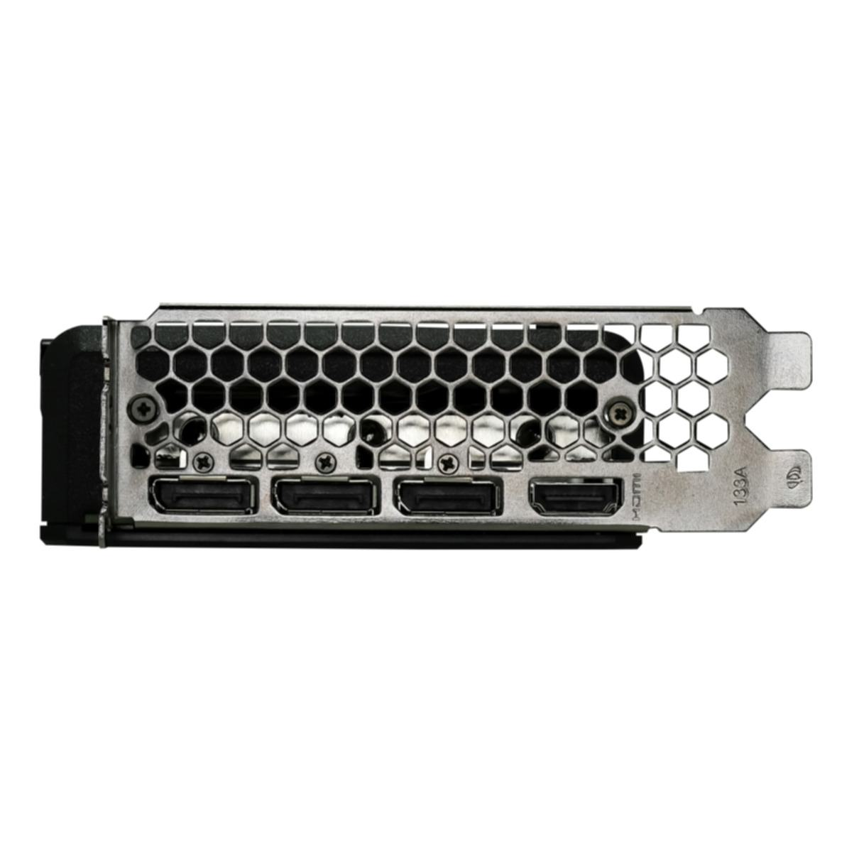 Die Rückseite einer Grafikkarte mit mehreren HDMI- und DisplayPort-Anschlüssen und einer Wabenstruktur.