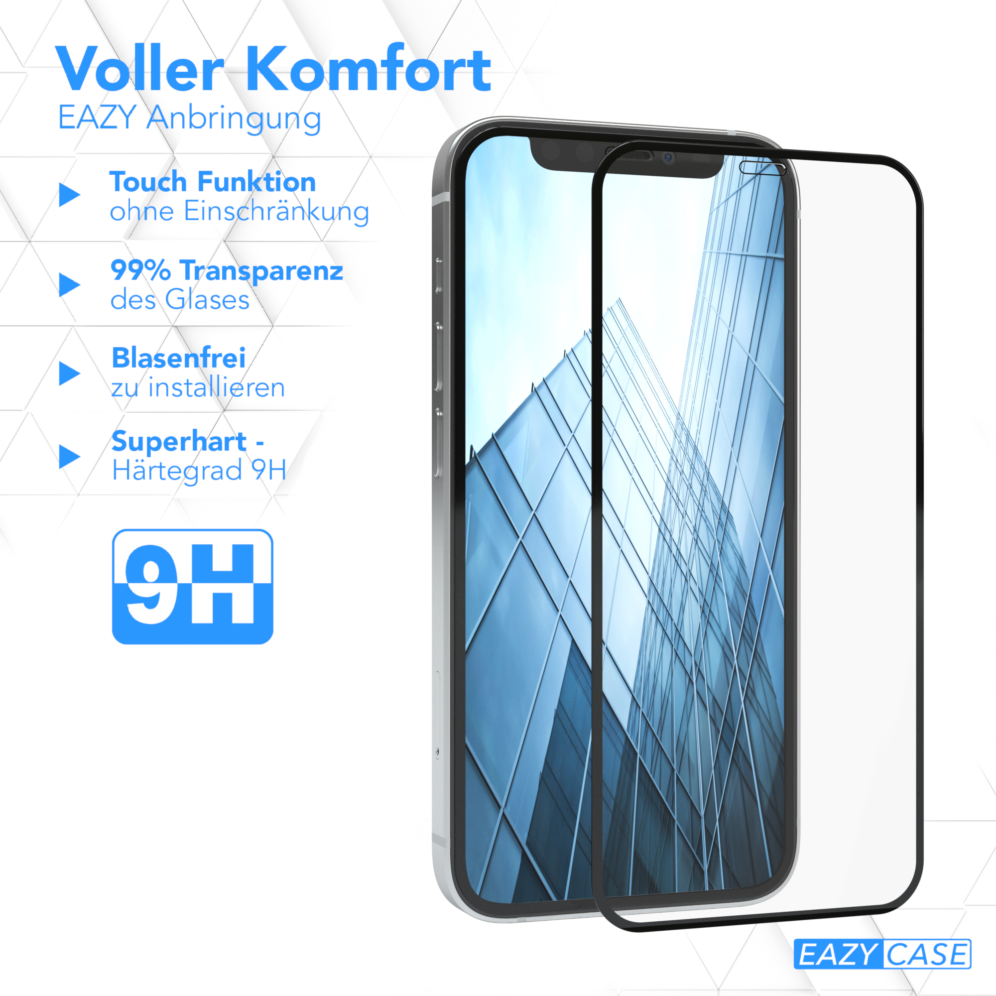Telefon mit installiertem Displayschutz. Grafik zeigt 9H Härte.