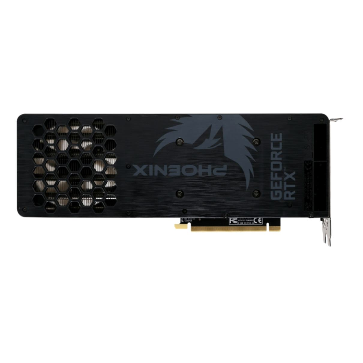 'PHOENIX' ve 'GEFORCE RTX' baskılı siyah bir grafik kartı. Petek tasarımına sahip.
