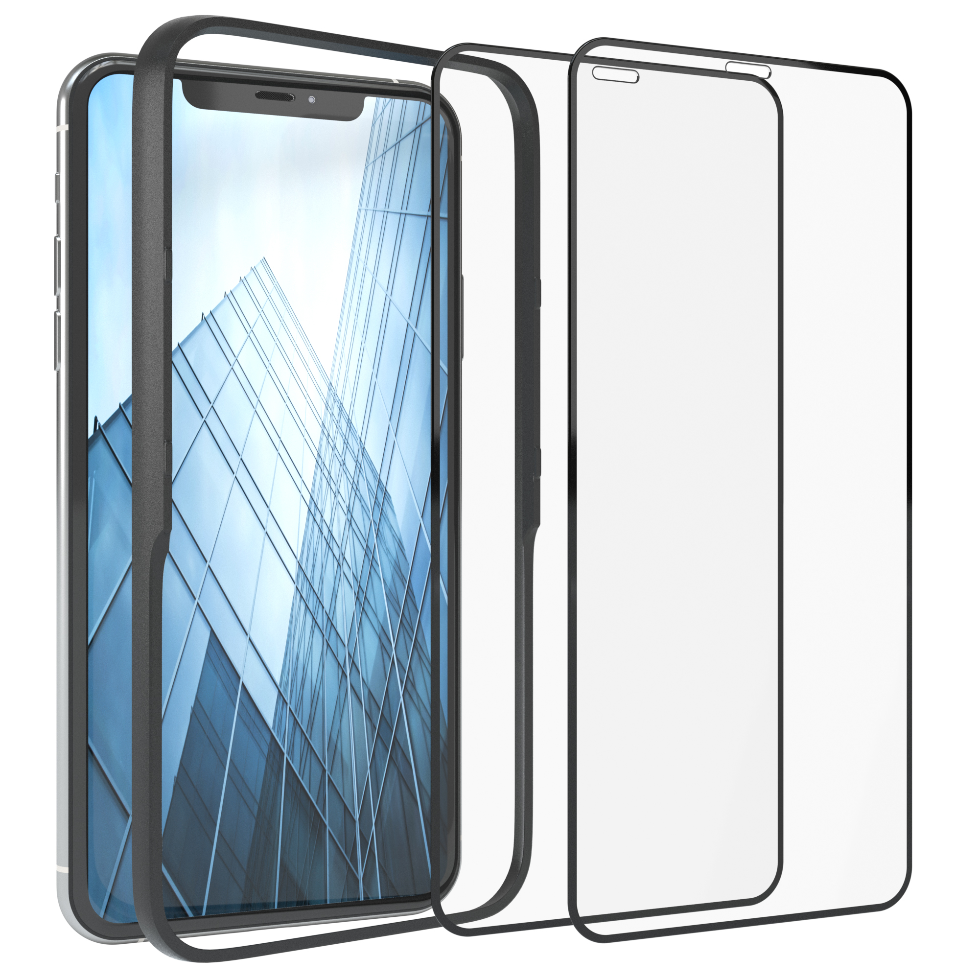 Telefonbildschirm mit Rahmen, Glas-Displayschutz und Telefonrahmen.