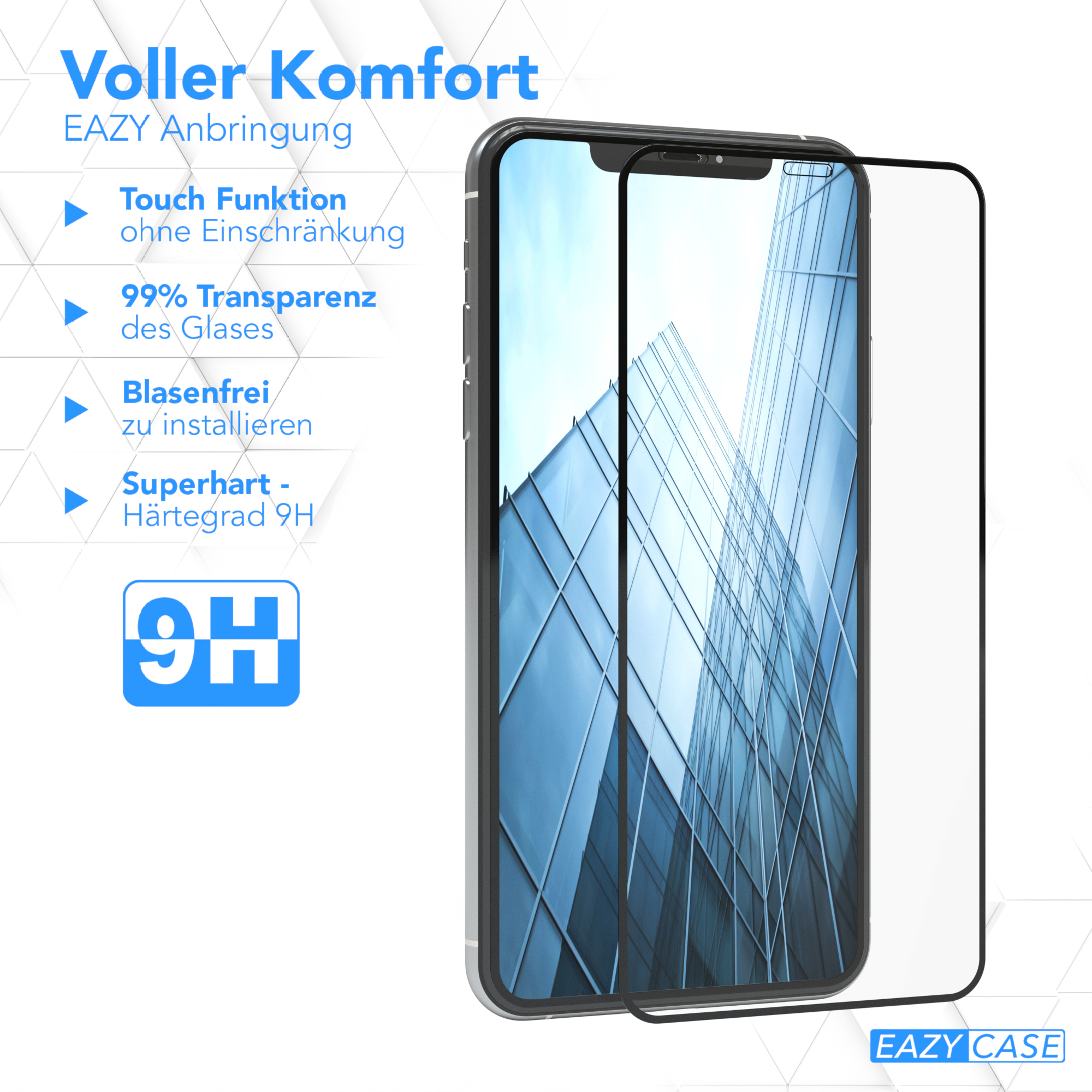 Telefon mit Displayschutz. Text auf dem Schutz beschreibt Eigenschaften. Das Telefon ist schwarz.